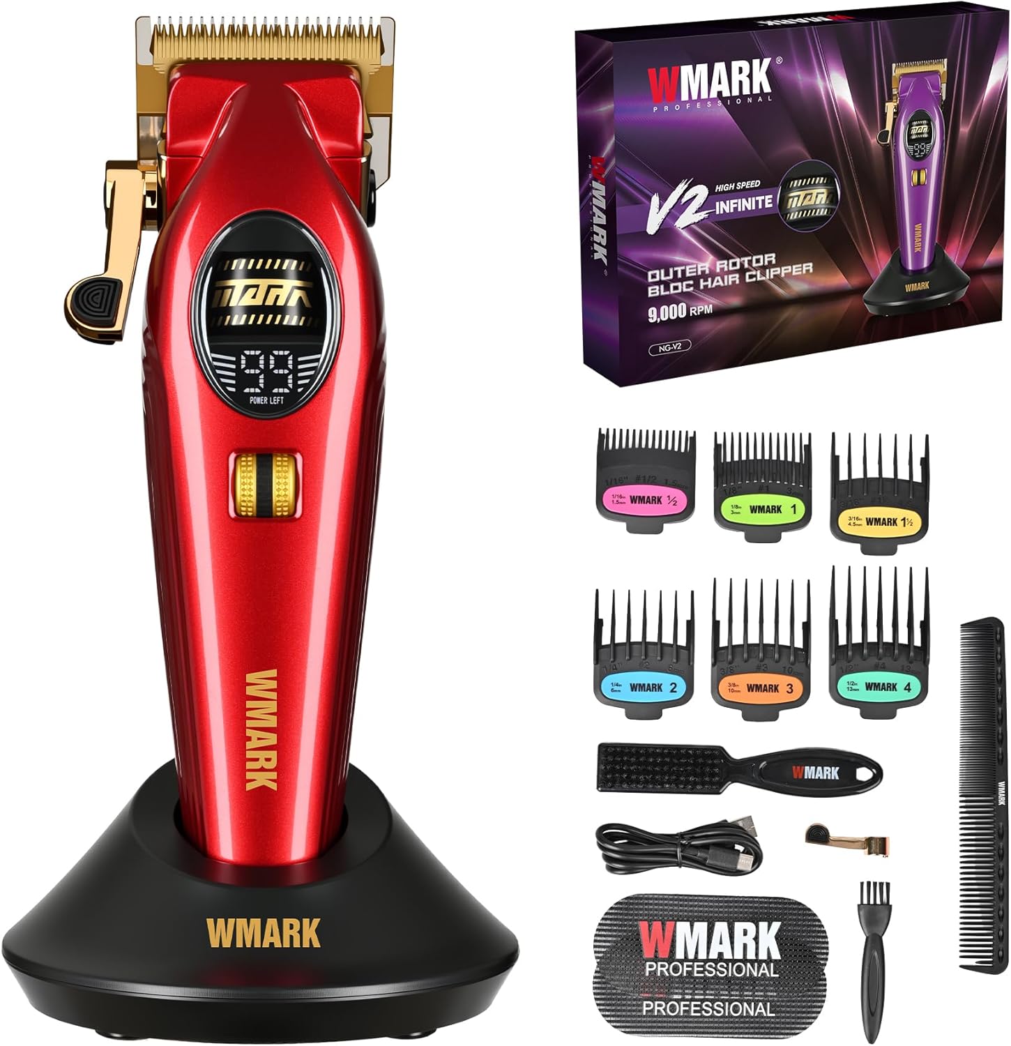 WMARK Professional Infinite Cordless Left-Handed Friendly Hair Clipper – Roller Speed Control, Charging Dock, 9000RPM Outer Rotor BLDC, DLC Steel Blade, Barbershop Tool, NG-V2 (Red)