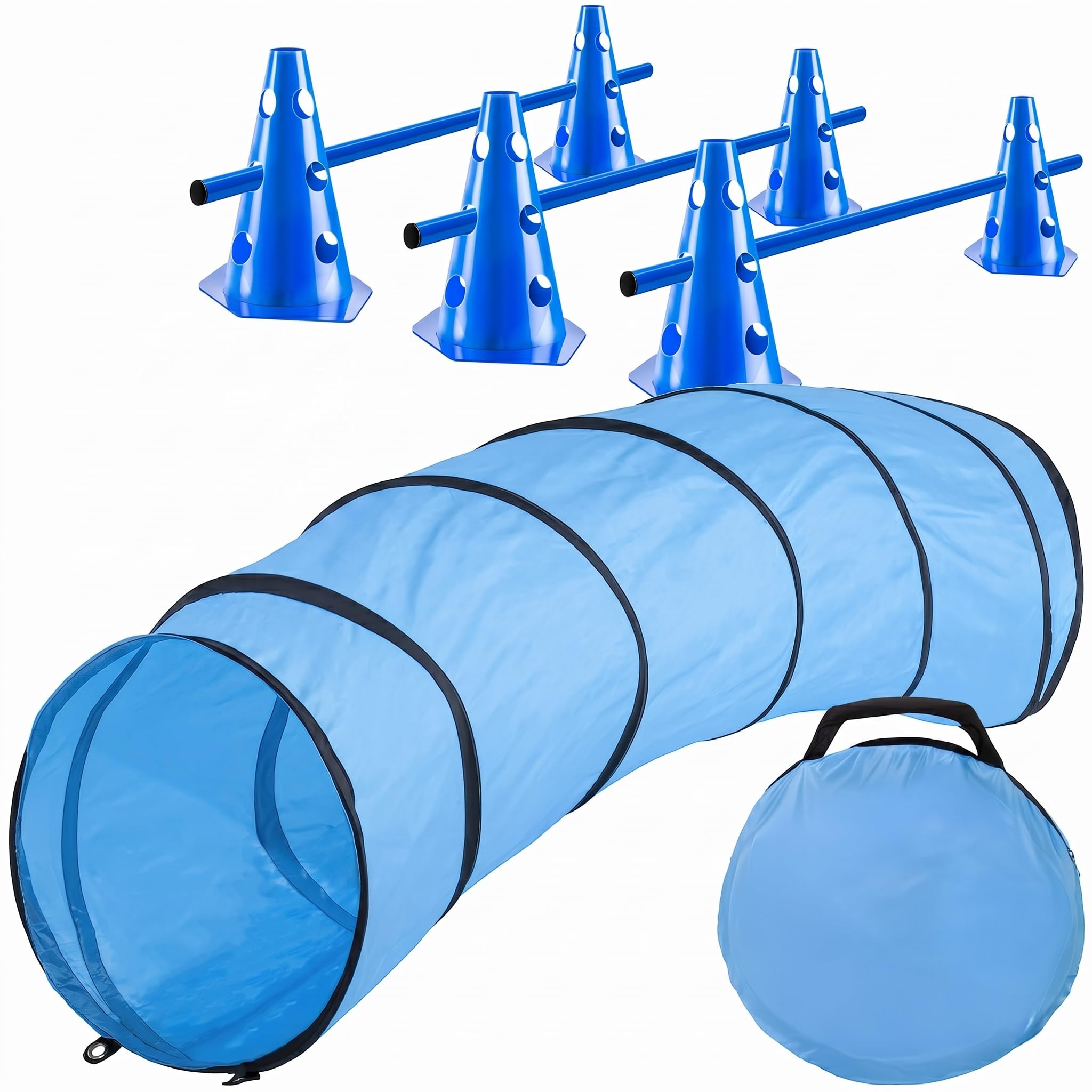 Tunel agility dla psa - tunel do zabawy z psem; zestaw akcesoriów agility z kołkami, torbą transportową, zabawką do rzucania frisbee i płotkami z pachołkami (Set: 200 cm + Akcesoria)
