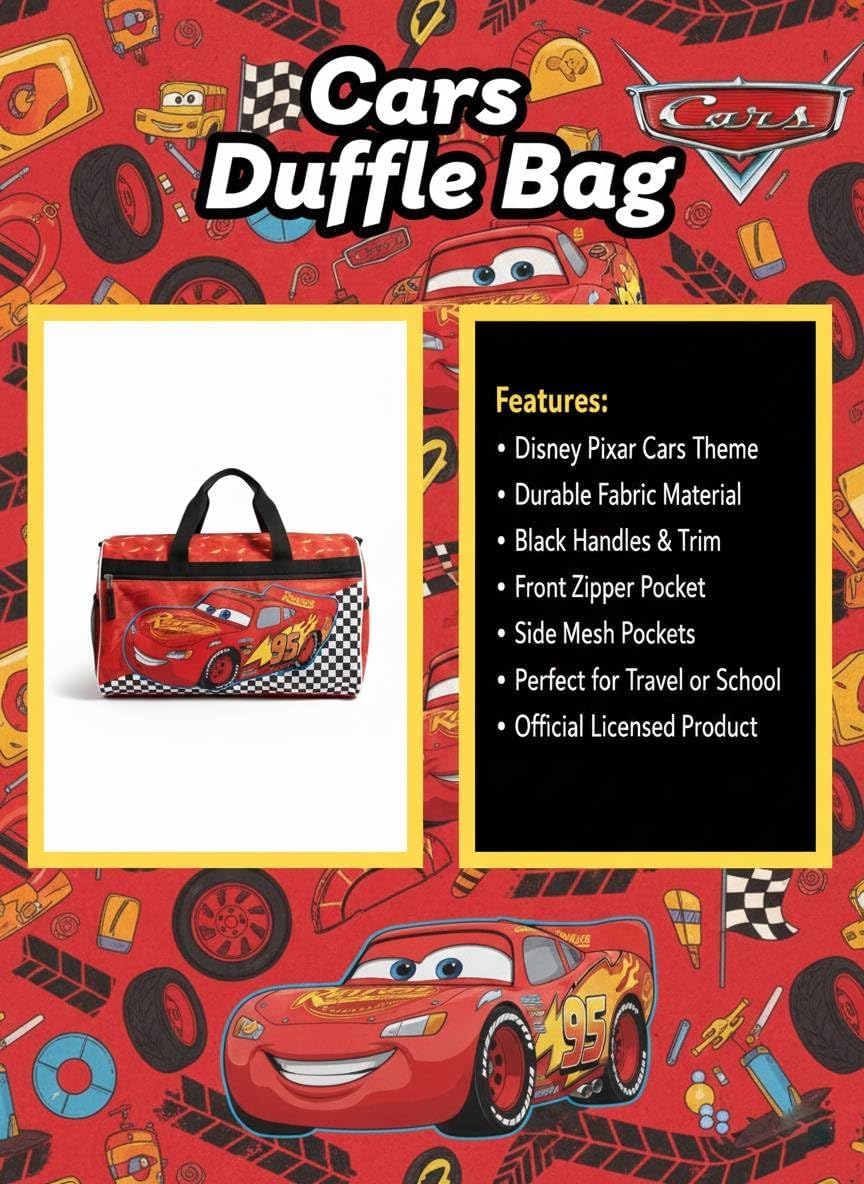 Disney Pixar Cars Kids’ Duffle Bag – Lightning McQueen Travel Gym Bag with Adjustable Strap, Mesh Side Pockets & Zipper Pocket