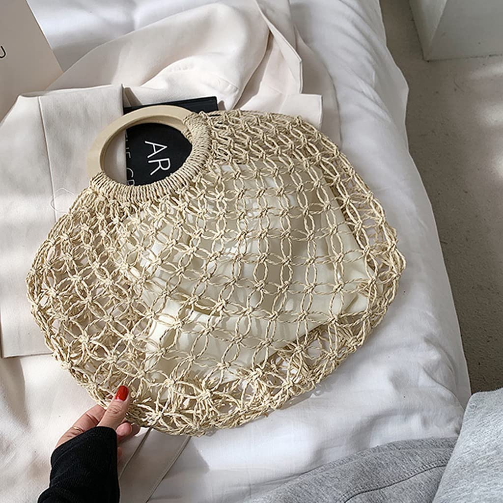 Bolsas De Playa Bolsas De Paja Bolsa De Paja Tejida A Mano, Mujer Beach Tejido De Bolso De Paja Mango Superior Hueco De Pesca De Crochet Bolso Neto De Color Caqui (Color : Khaki)