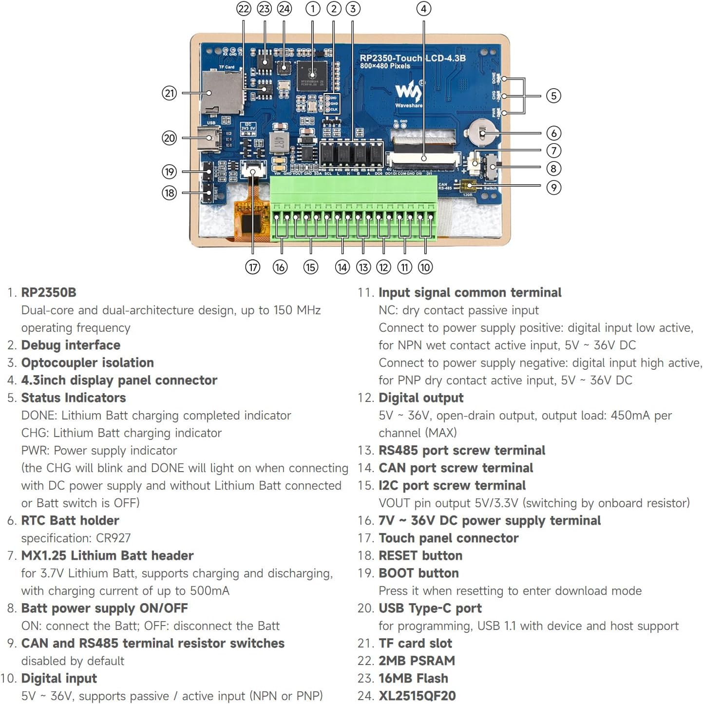 Waveshare RP2350 4.3inch capacitive Touch Display Development Board, 800 × 480, 65K Color, Supports Dual-core and Dual-Architecture