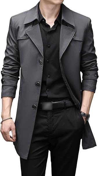 Mens Long Lightweight Lapel Jacket Slim Fit Single Breasted Casual Outerwear Fall Windbreaker Butttons Trench Dark Grey 1,Medium