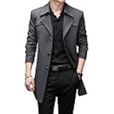 Qolkmuiy-GJ Mens Long Lightweight Lapel Jacket Slim Fit Single Breasted Casual Outerwear Fall Windbreaker Butttons Trench