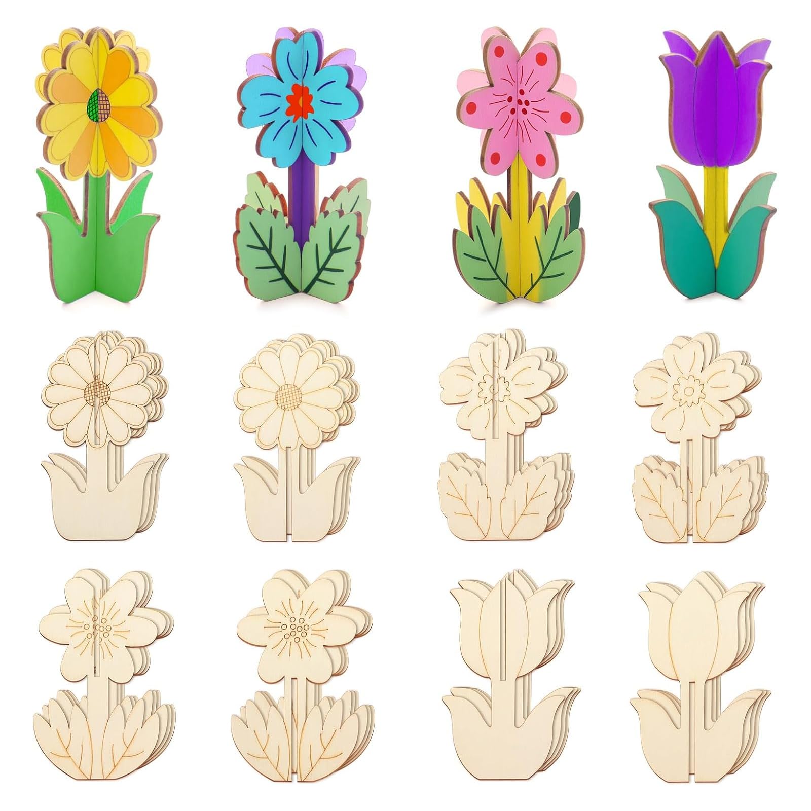 YcsRnn 3D Wooden Flower Craft Set — 48 Pieces, 4 Botanical Designs | Slot-Together Self-Standing Floral Ornaments, DIY Kids Crafts