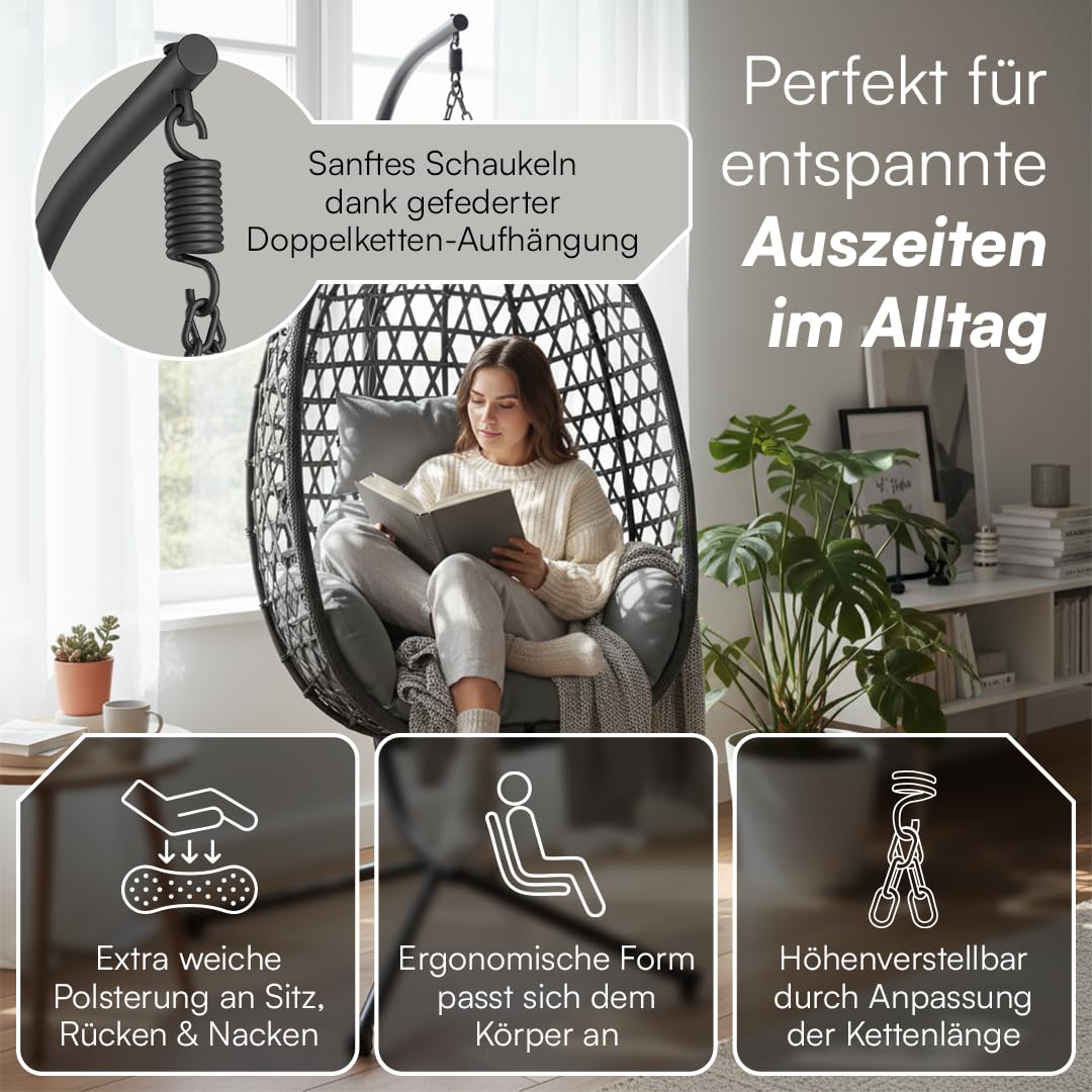 STEELSØN Sarin Hängesessel mit Gestell – Hängestuhl Rattan Outdoor & Indoor mit Kissen – Hängekorb Schwarz – Gartenschaukel für Erwachsene & Kinder – Korbhängesessel faltbar – Hanging chair bis 150 kg