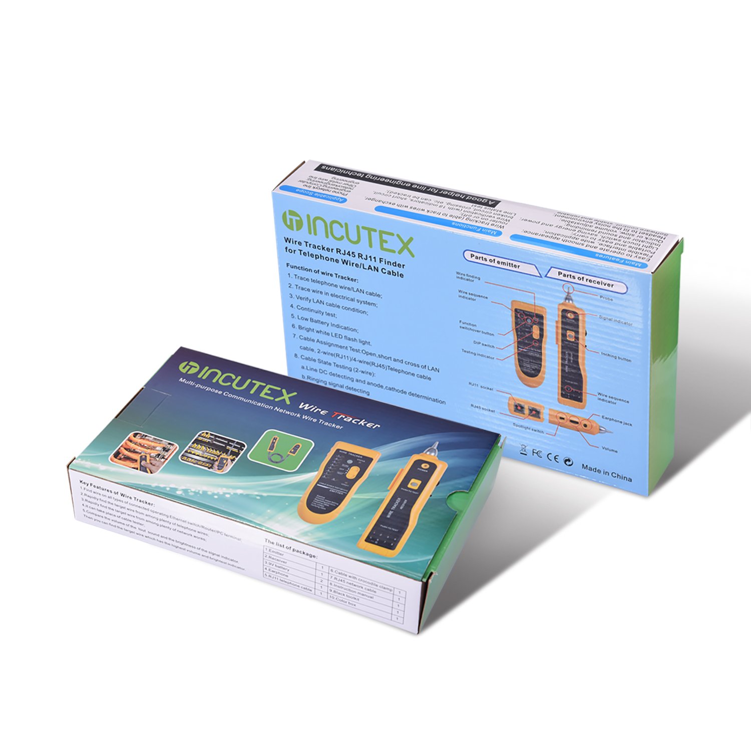 Incutex Tester ciągłości obwodów elektrycznych, LAN RJ45/RJ11, kable telefoniczne Cat5 Cat6 Ethernet, lokalizator kable sieciowe lub zasilające z diodą LED i słuchawkami, baterie w zestawie