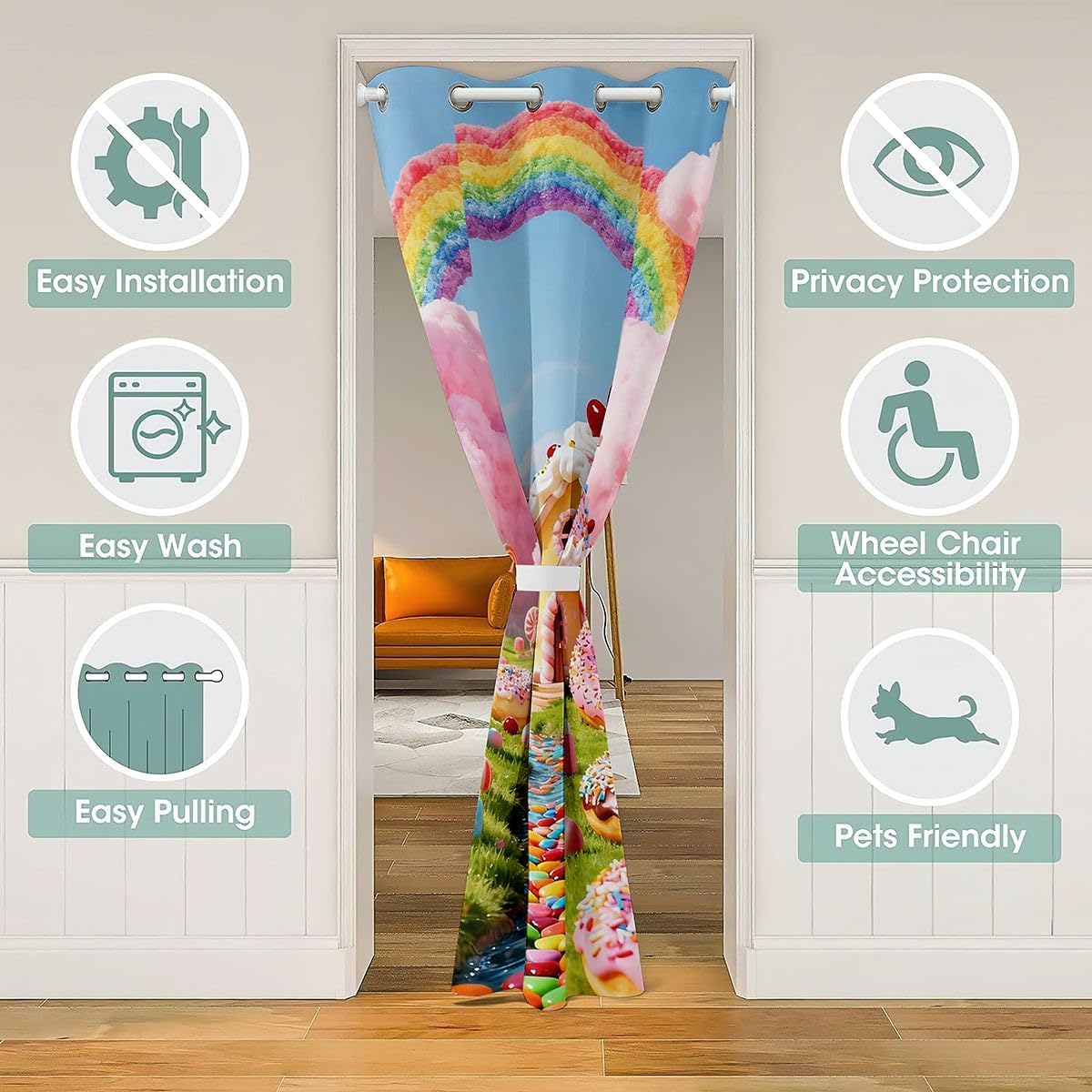 Castle Fairy Dessert House Door Curtain,3D Doughnut Candy Sugar Door Drape for Bedroom Privacy,30%-50% Room Darkening Blackout Curtain for Bedroom,1 Panel 34" W X 80" L