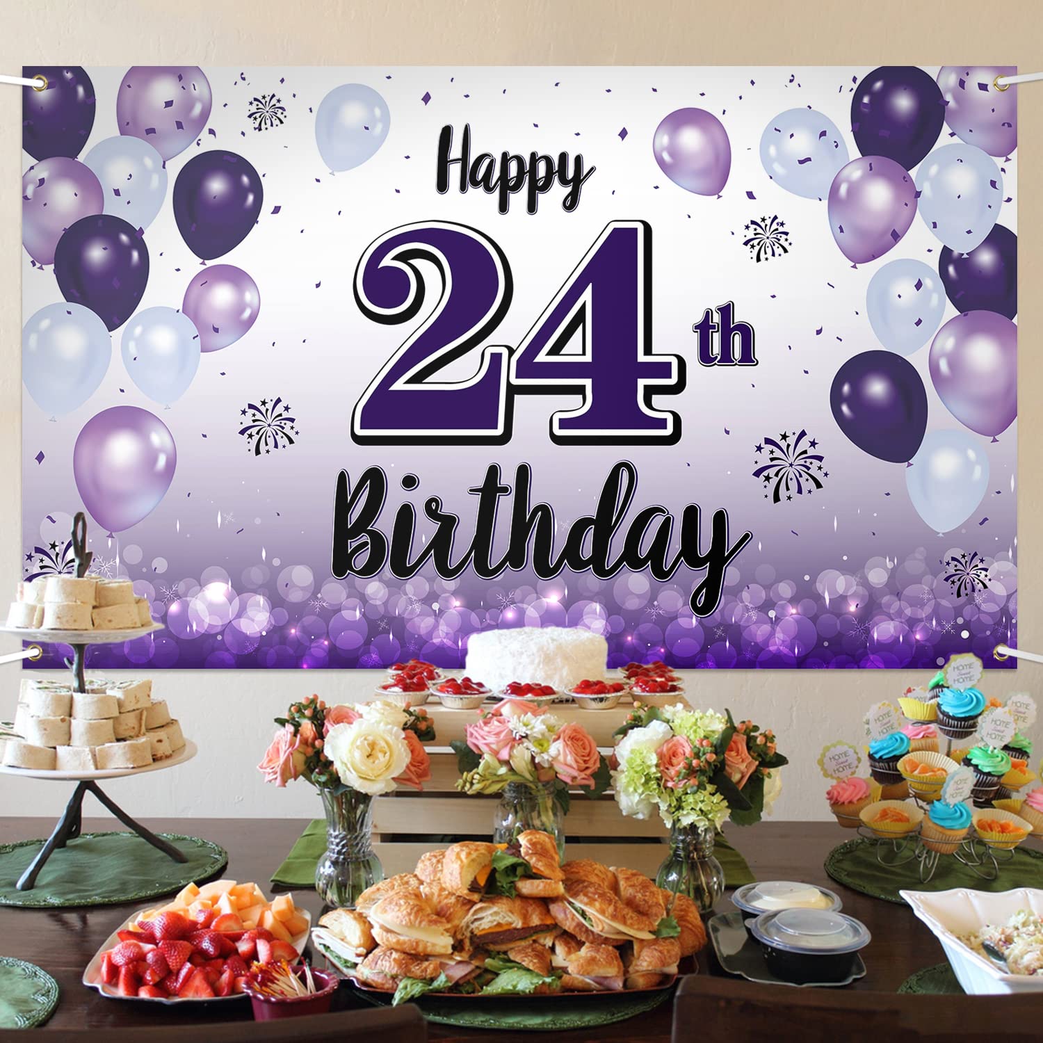 LASKYER "Happy 24th Birthday" Large Purple Banner - 78" X 47" Oxford Fabric Backdrop For Party Decor - View #8