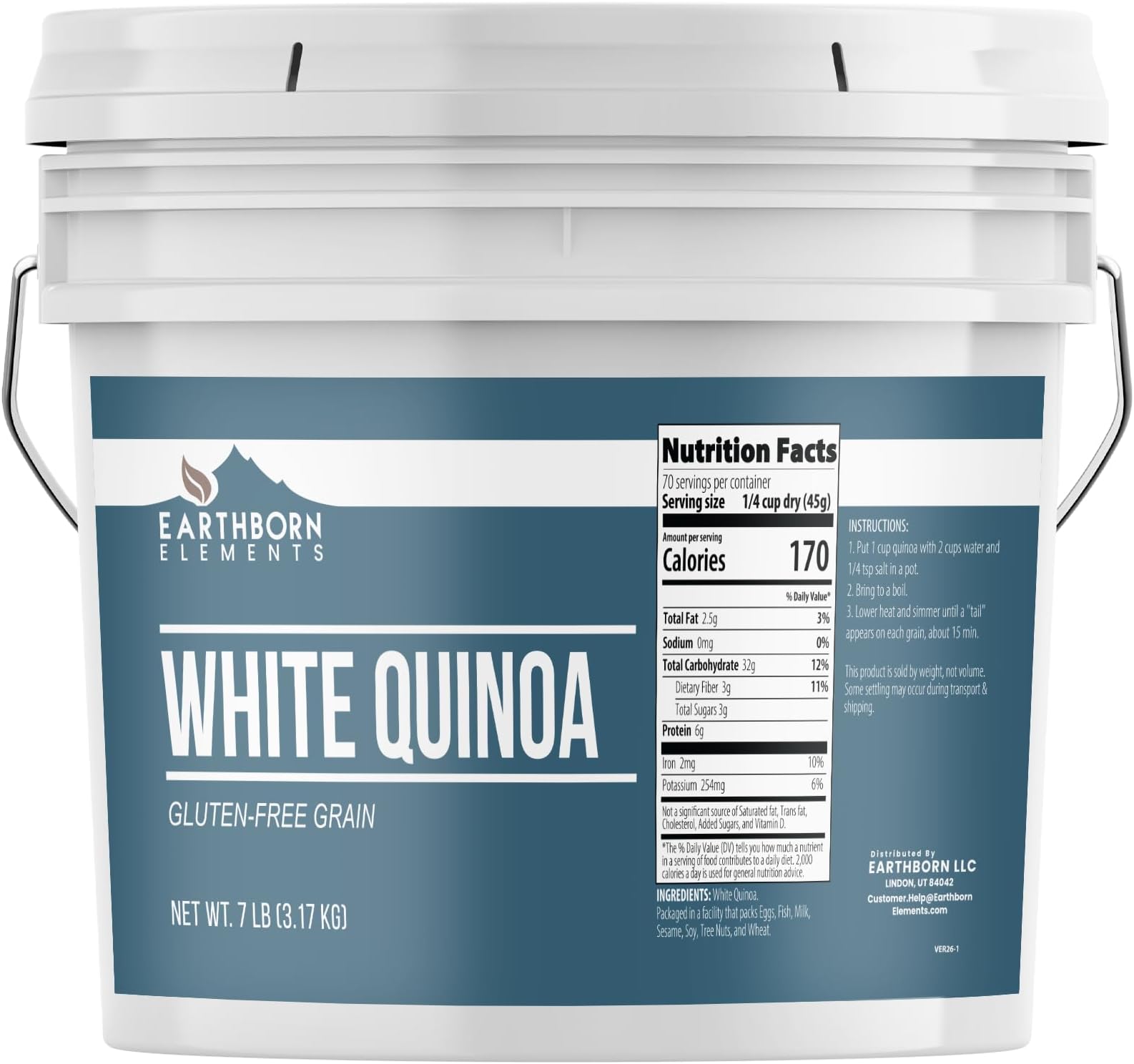 Earthborn Elements White Quinoa, 1 Gallon, Gluten-Free, Raw, Vegan, Packaged in a Resealable Bucket