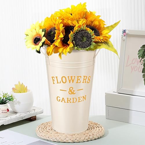 Miniatura 4 de Roshtia Juego de 4 jarrones de metal vintage de 12 pulgadas de alto, cubo de flores rústicas, jarrón de metal con asa, centro de mesa de cubo