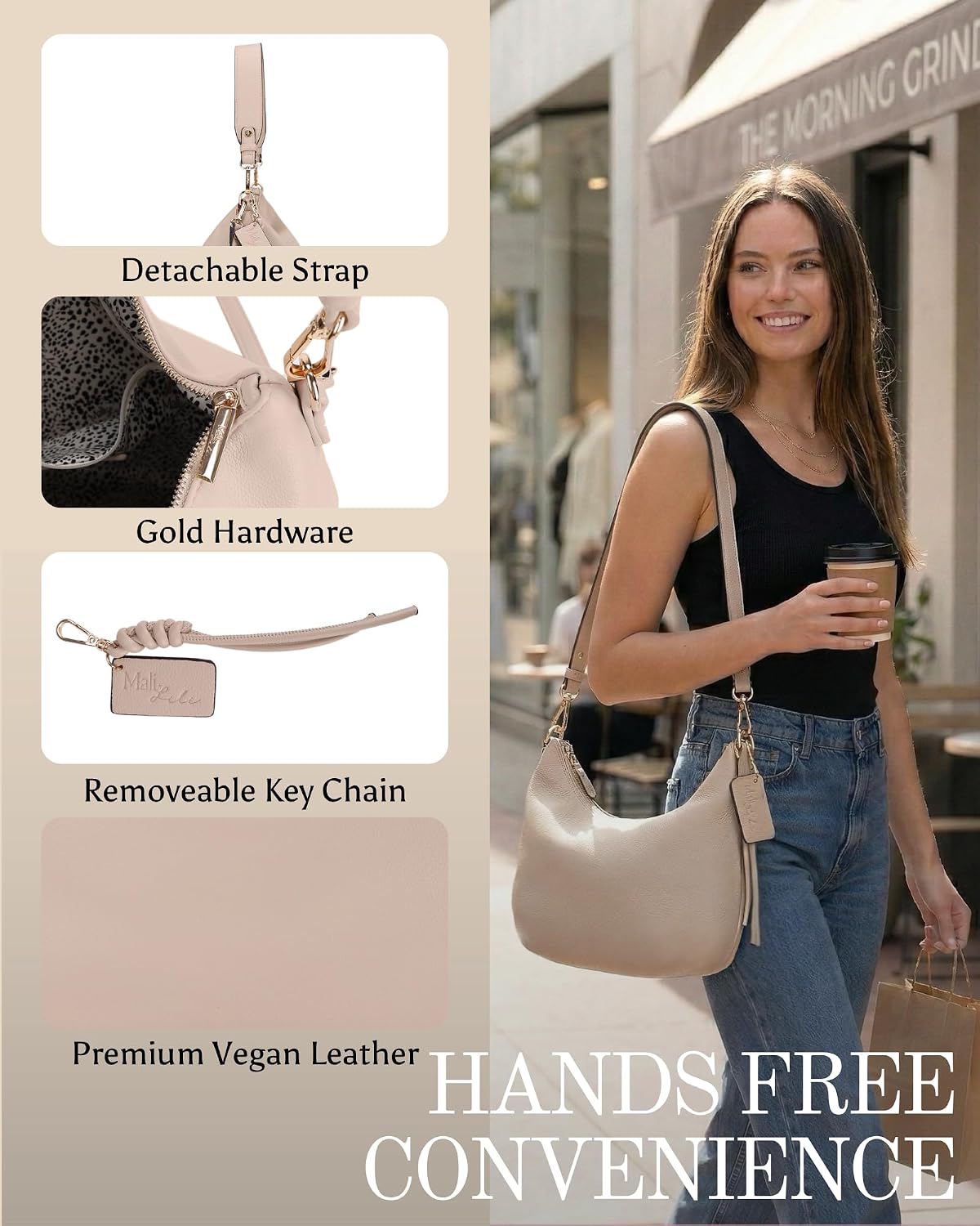 Mali+Lili Vegan Leather Slouchy Hobo Shoulder Bag, Adjustable Detachable Crossbody Strap, Crossbody Bags for Women