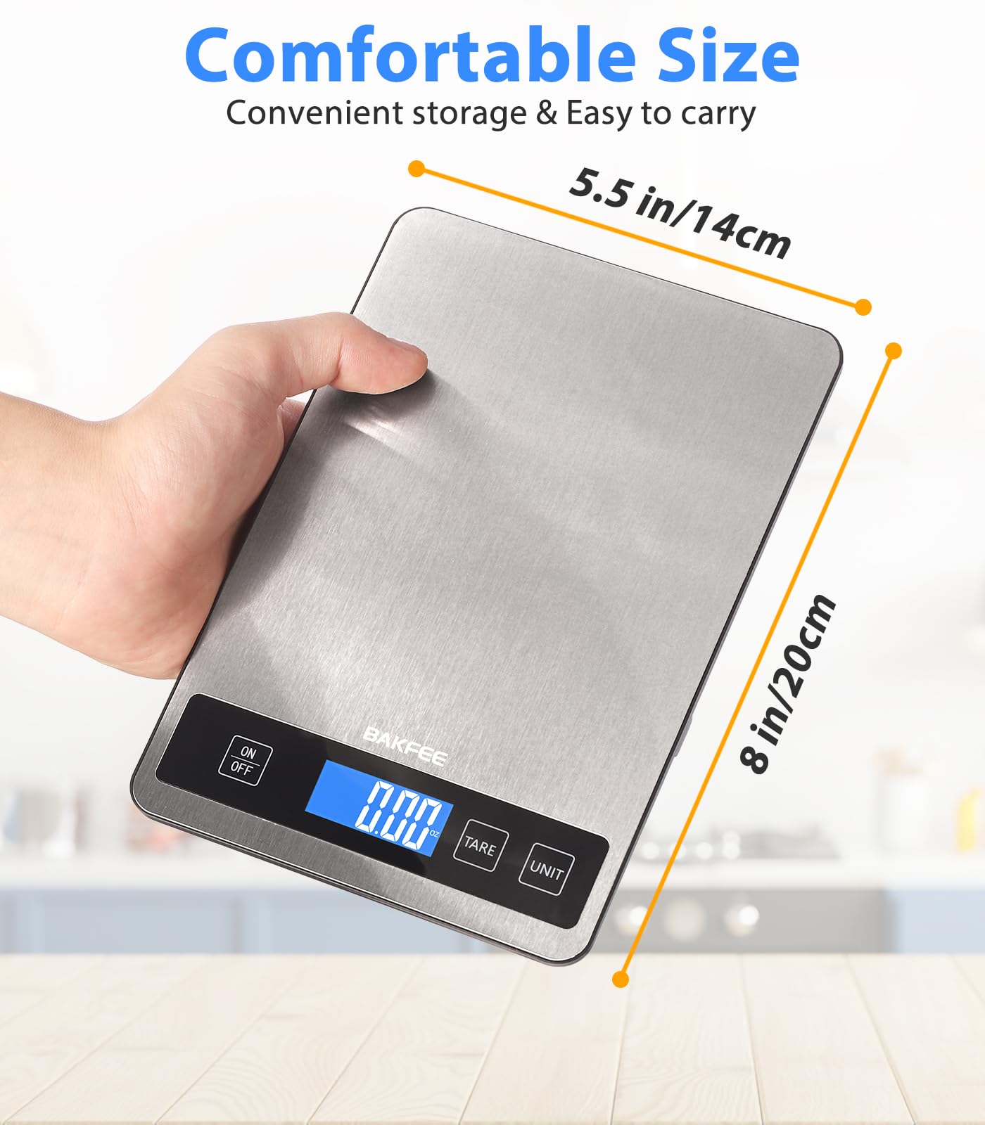 Lebensmittelwaage, Küchenwaage, 15 kg, spritzwassergeschützter Edelstahl, LCD-Display, kompaktes und leicht zu reinigendes Design, 6 Einheiten, Tara-Funktion, wiederaufladbar über USB
