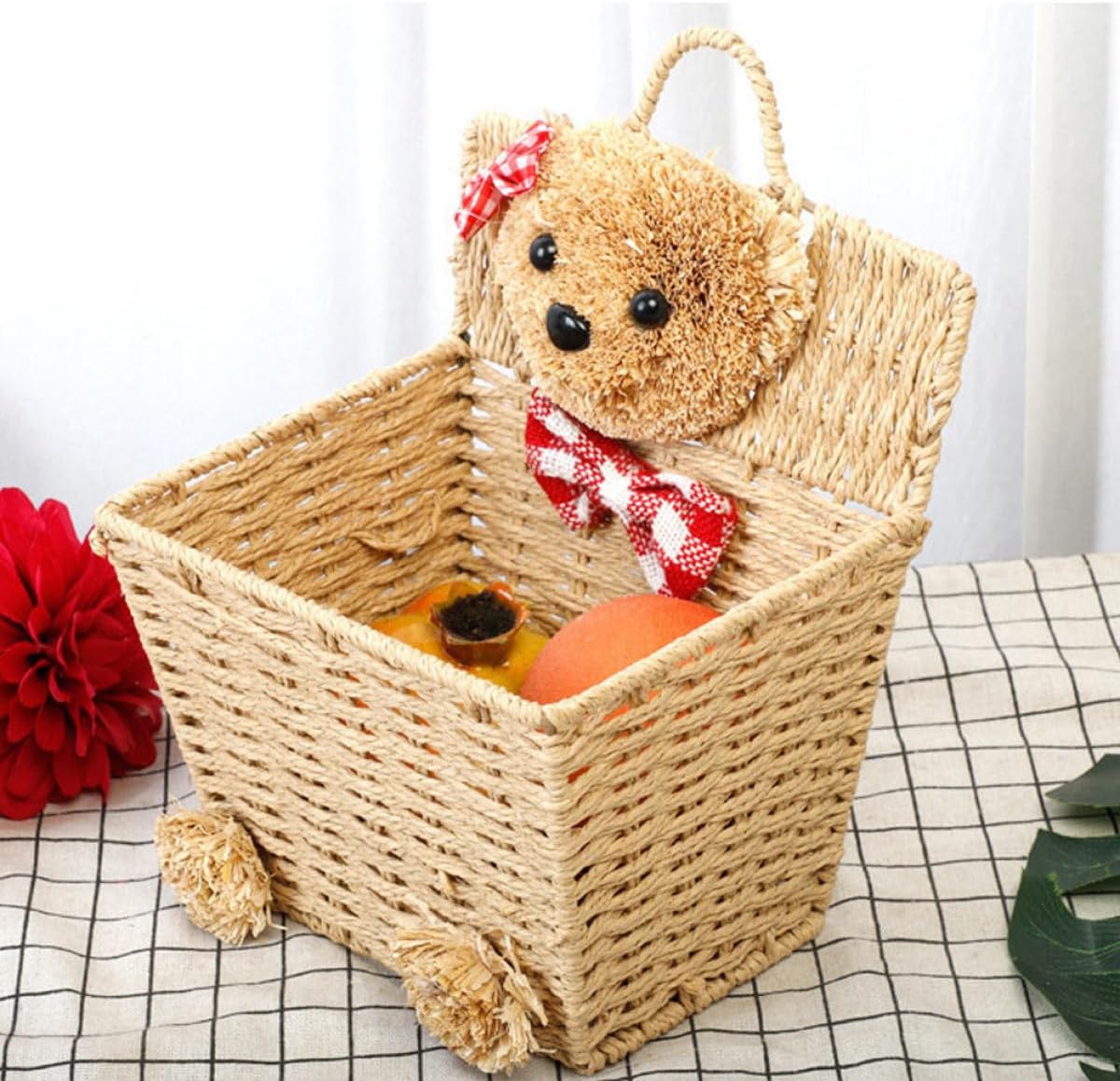 FRCOLOR Cartoon Bear Hanging Basket Wicker Woven Organizer Khaki Handmade Storage Basket for Nursery ’ Room and Household Hanging Organizer