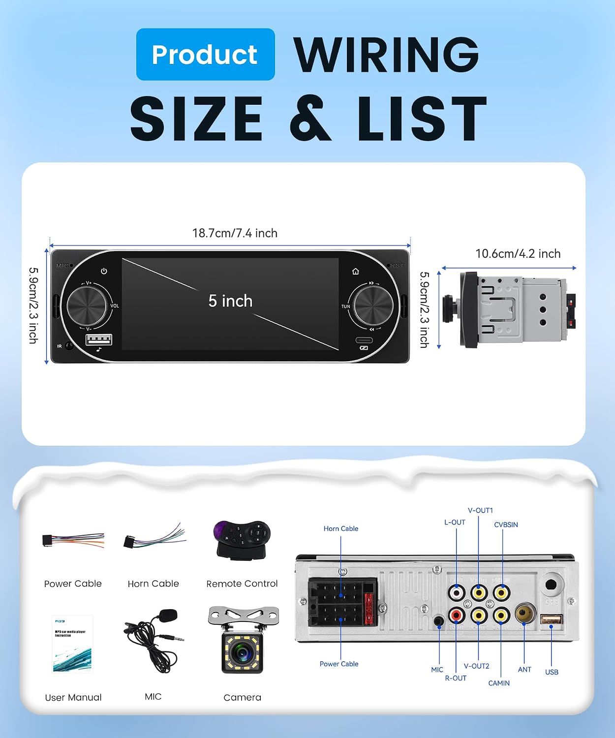 Rimoody 1 Din Car Stereo product dimensions and wiring diagram