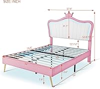 Vista 2 de Linique Base de cama tapizada de tamaño matrimonial con luces LED, moderna cama de princesa tapizada con cabecera corona, blanco y rosa