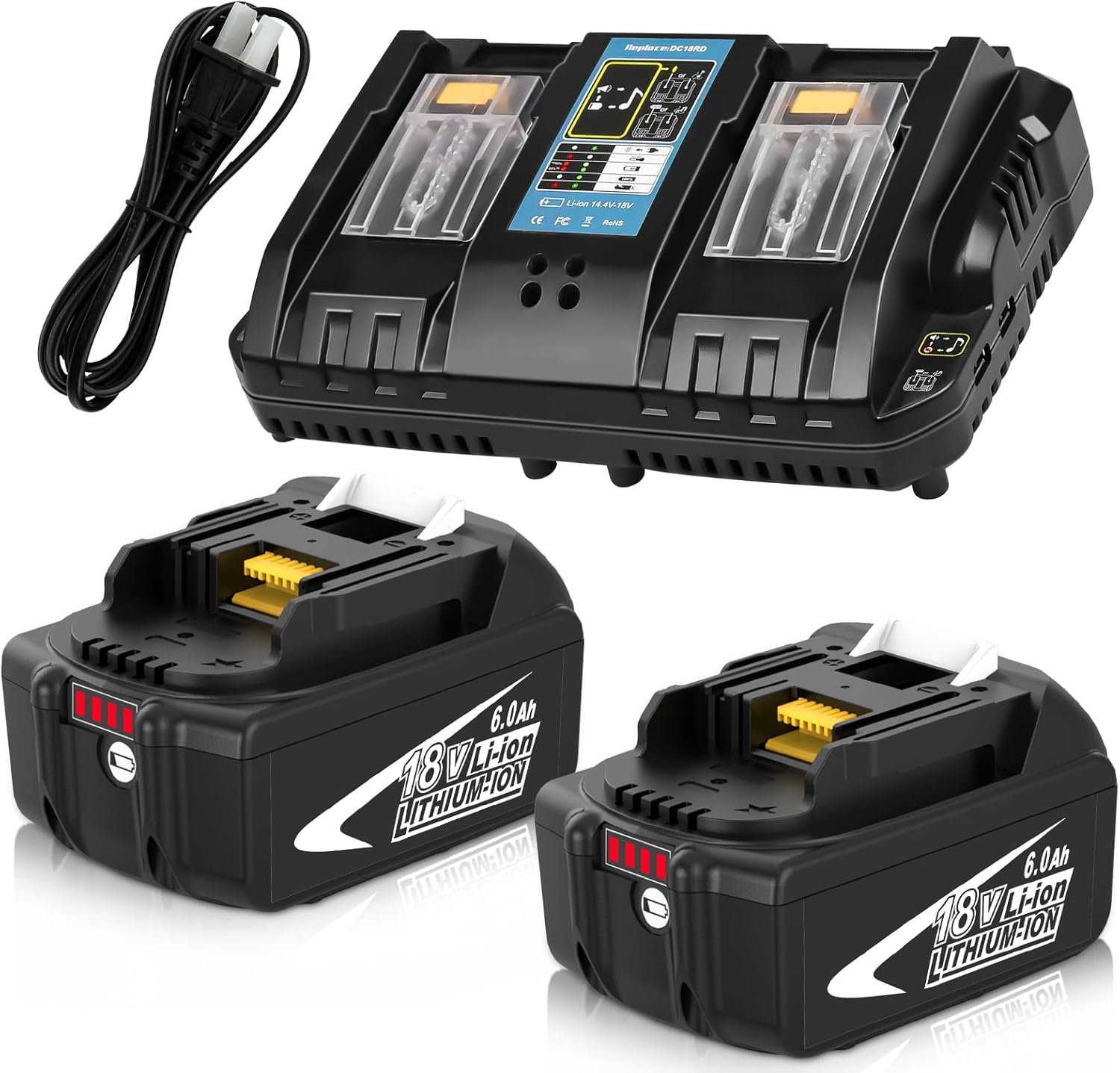 2Packs 6000mAh 18V Battery & DC18RD Charger for Makita