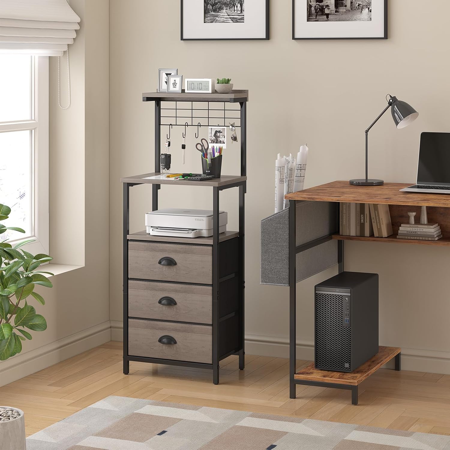 Bedside Tall Nightstands with Charging Station, LED Bedside Table for Bedroom - 3 PU Fabric Drawers, Hooks, USB/Type-C Ports & Open Bedside Shelves, Grey