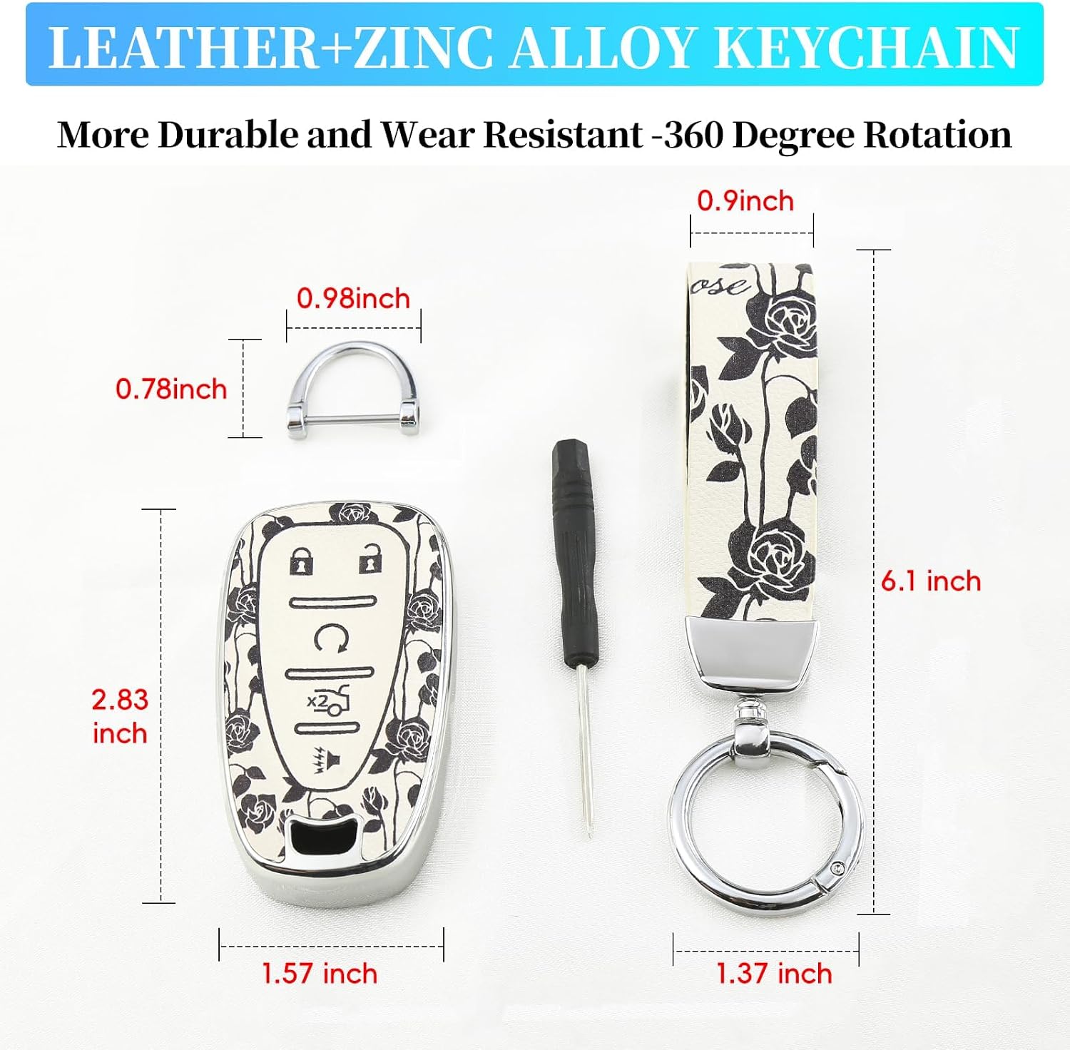 EnerCharge TPU and Leather Key Fob Cover , Car Accessories, for Malibu Cruze Traverse Spark Sonic Encore Trax Suburban Yukon Denali 5-Buttons (White Rose)