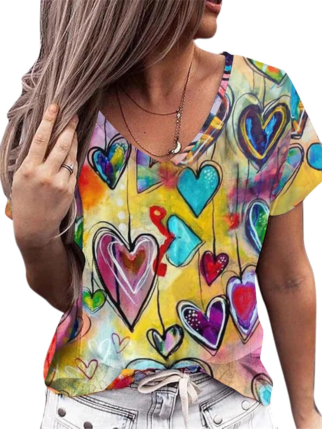 Cute Heart Graphics T-Shirt Women Valentines Shirt Colorful Dye Love Printed V-Neck Short Sleeves Retro Tee Top