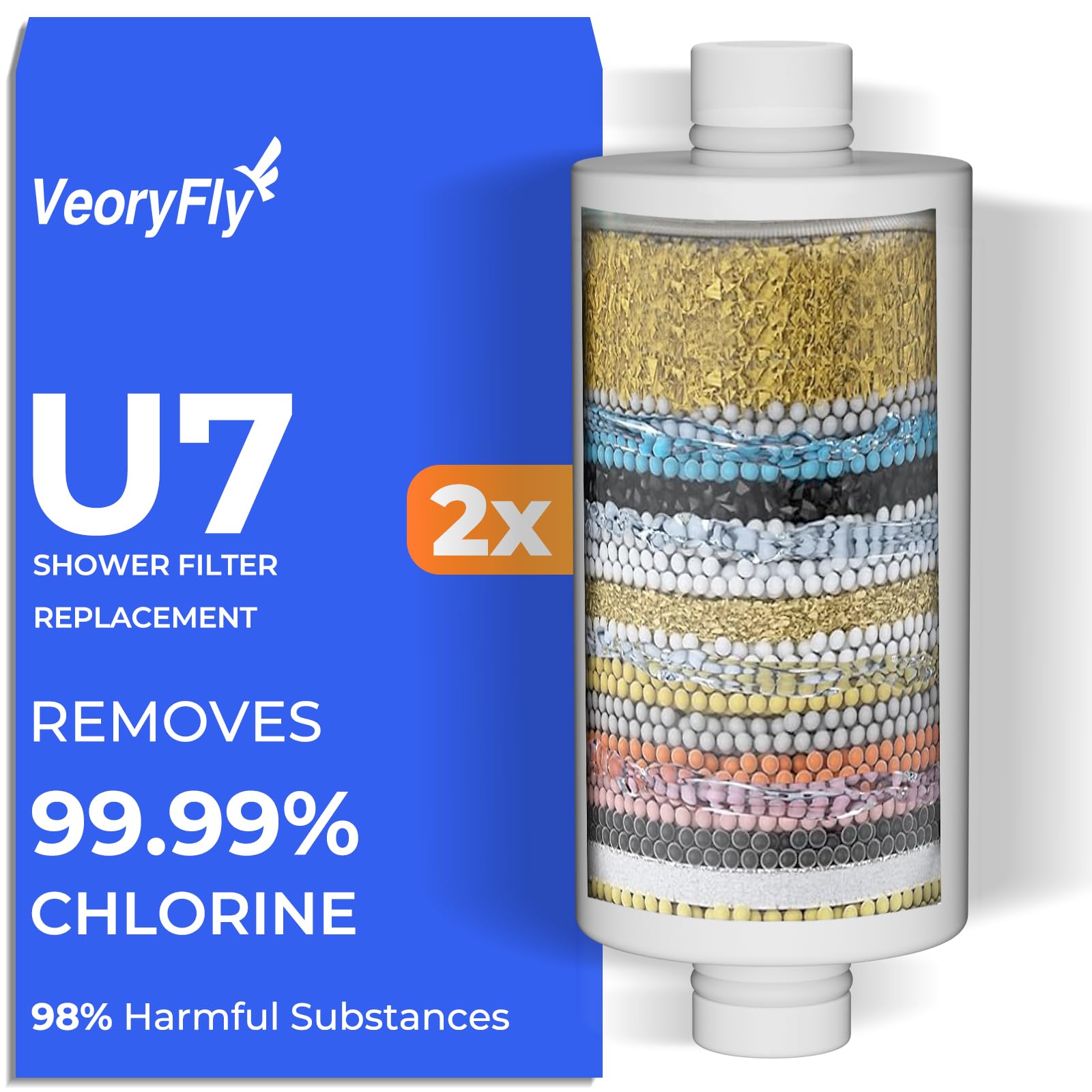 VeoryFly 2 Pack Replacement Cartridges for Shower Filter 99% Chlorine Removal, Hard Water Softener, Improves Skin & Hair, Easy to Install, up to 100% Filtration
