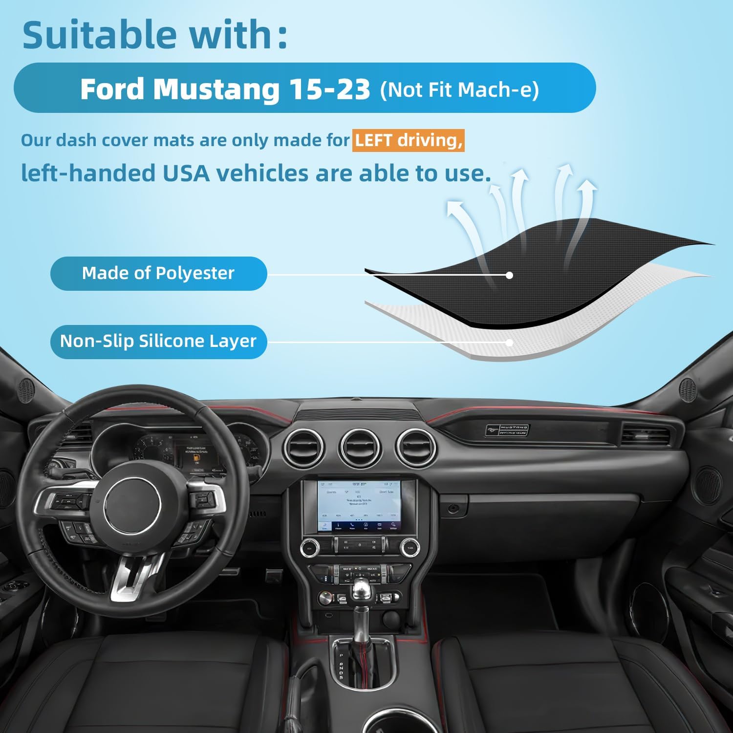 Dashboard Dash Cover Mat for Ford Mustang 2015-2020 2021 2022 2023 Not Fit Mach-E, Polyester Custom Fit Ford Mustang Dash Cover (Mustang 2015-2023, Black)
