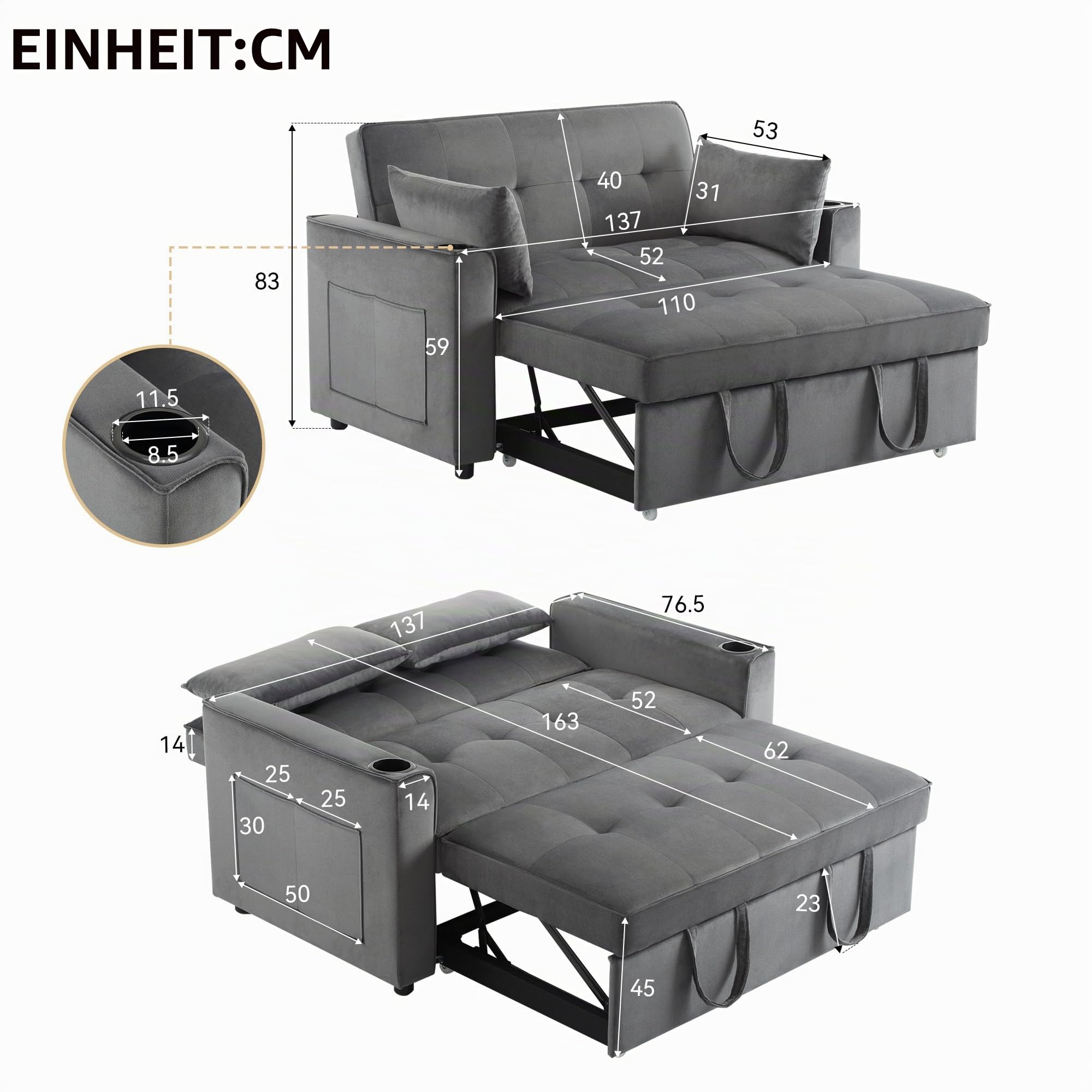 2 Sitzer Sofa mit Schlaffunktion, Klappbares Schlafsofa, Doppelsofa Kleine Couch Sofa, Polstersofa mit verstellbare Rückenlehne & Getränkehalter, Multifunktionssofa für Wohnzimmer, Velvet Grau