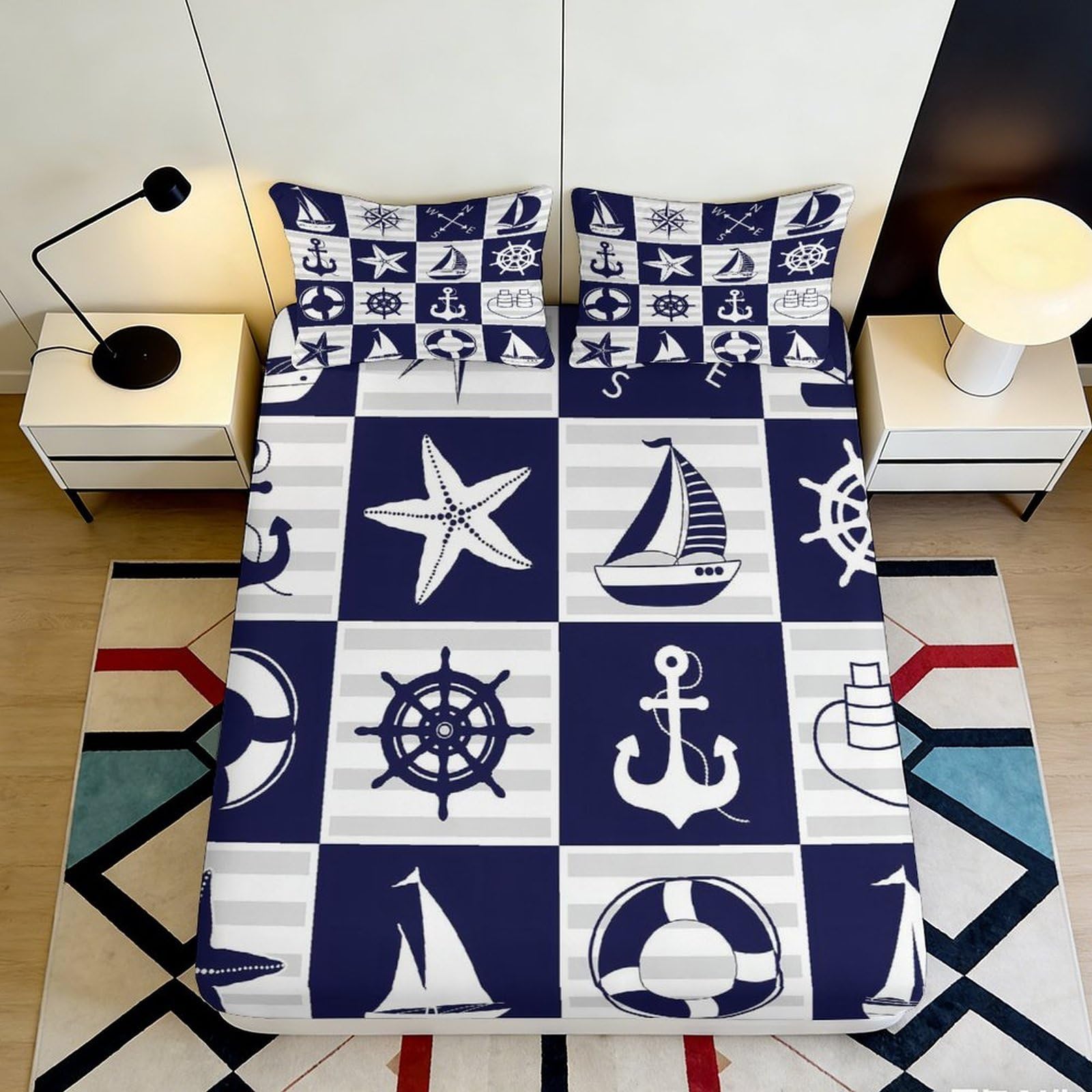 3D Printed Nautical Sailboat Fitted Sheet Microfiber Soft Anchor Mattress Cover for Bedroom Guest Room Decor 90x200x25cm