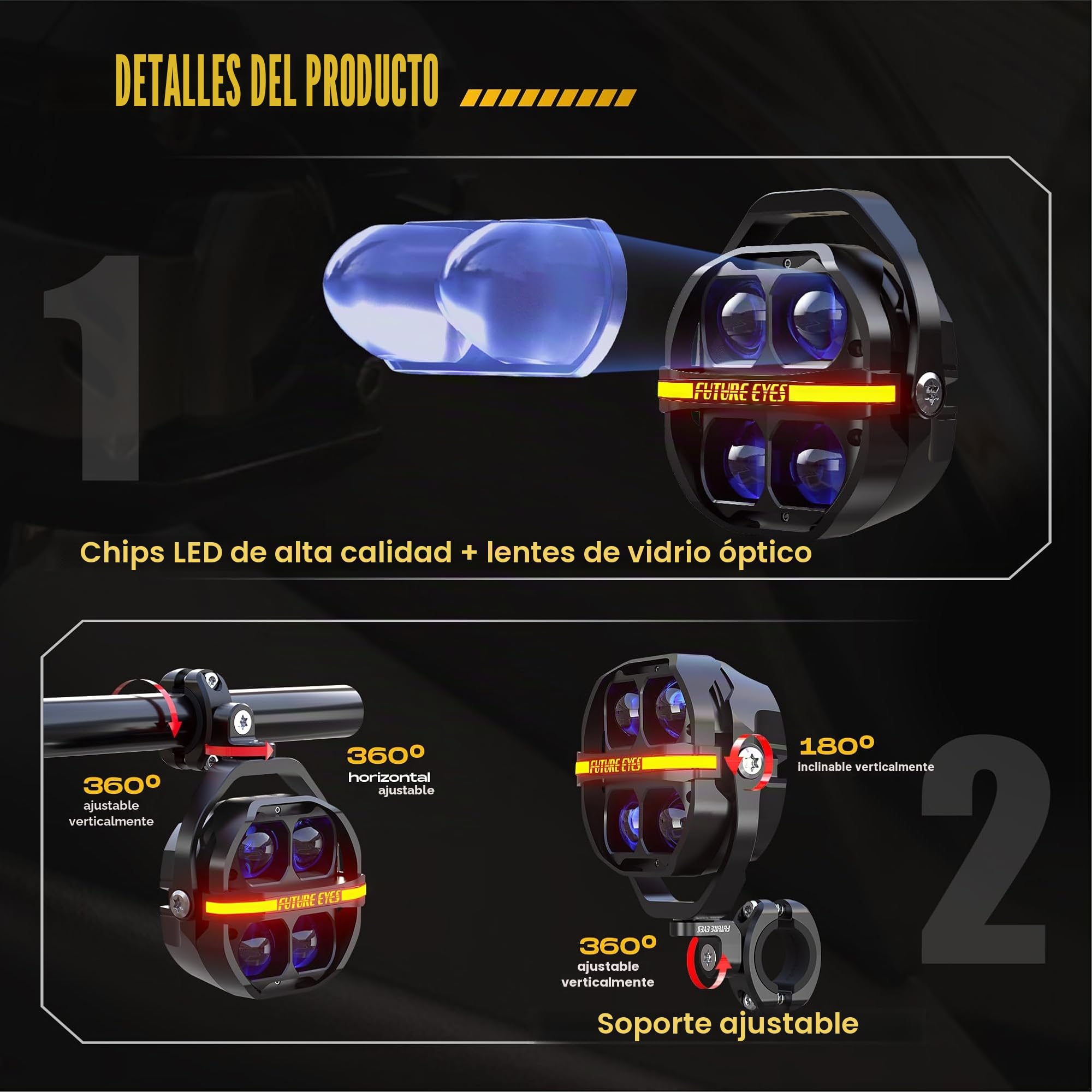 Future Eyes Faros LED para Moto Homologados ECE E-Mark E57, 180W 17500LM Faros Auxiliares, Luces Antiniebla IP67, Luces Exploradoras LED con Soporte 360° para Moto