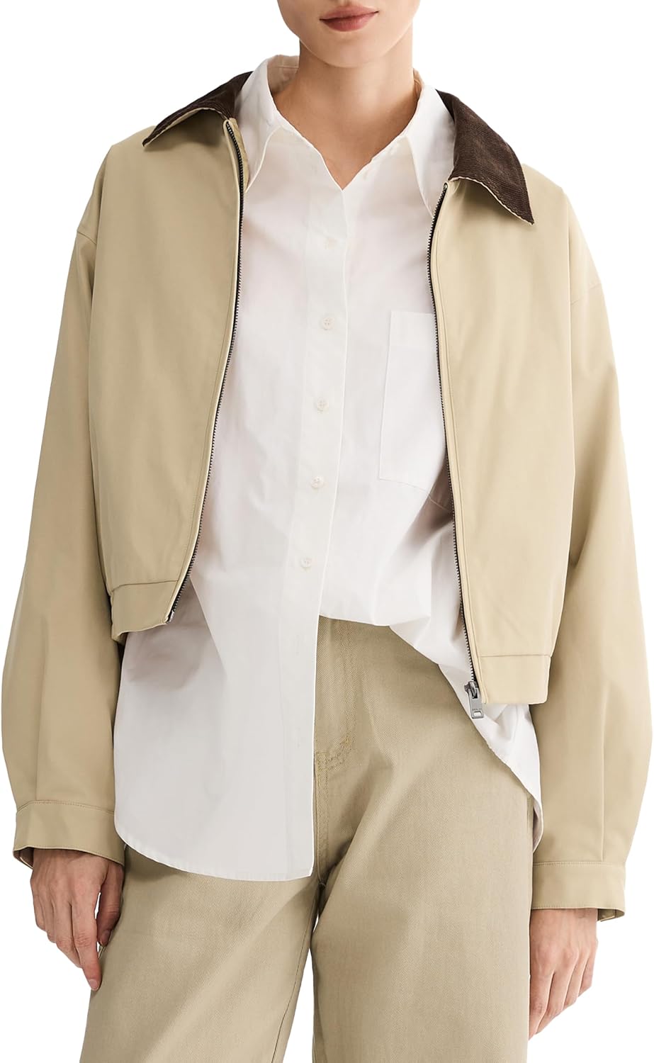 Orolay Women's Cropped Barn Jacket Casual Utility Zip Up Jacket Corduroy Collar Spring Trench Coat