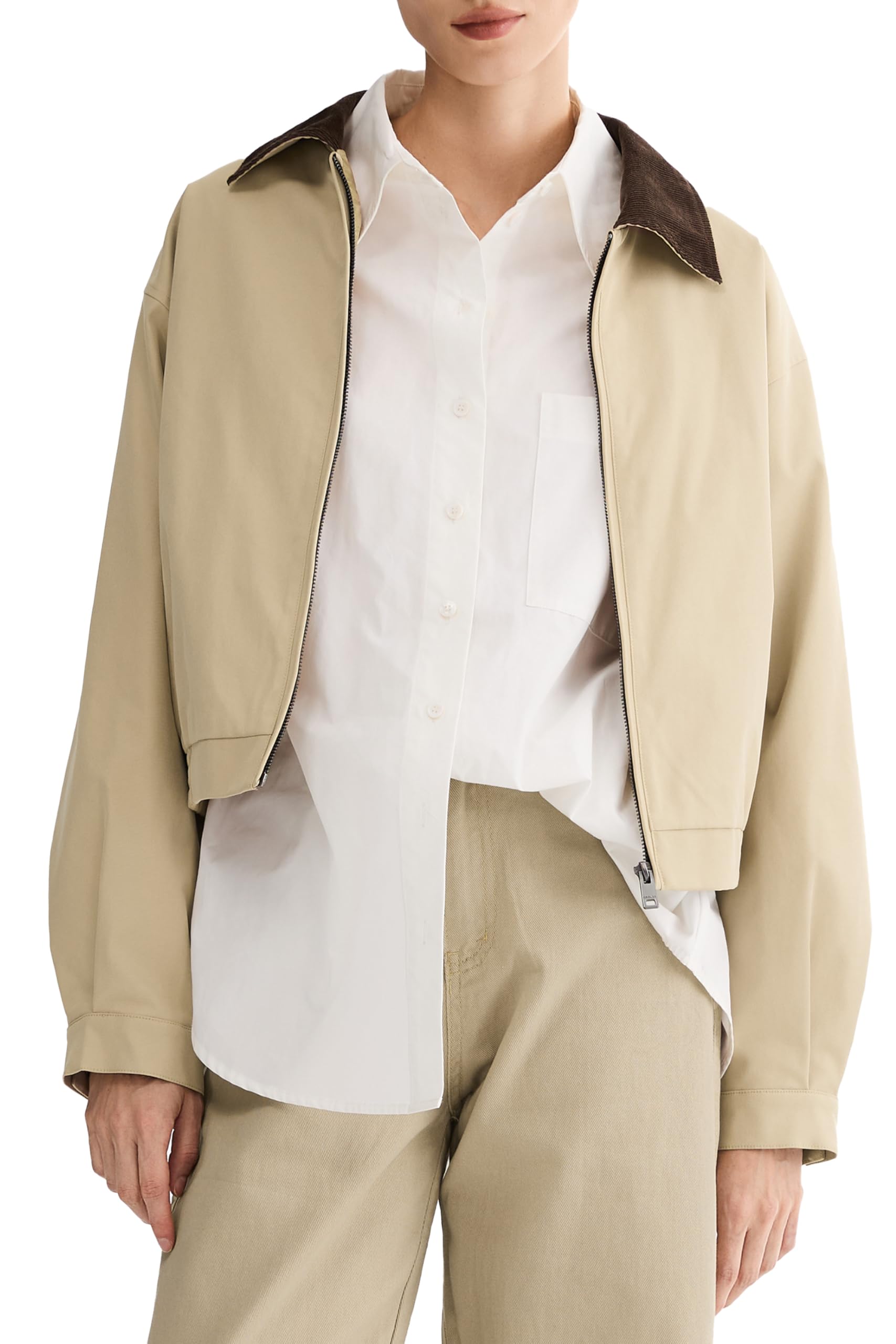 Orolay Womens Cropped Barn Jacket Casual Utility Zip Up Jacket Corduroy Collar Spring Trench Coat