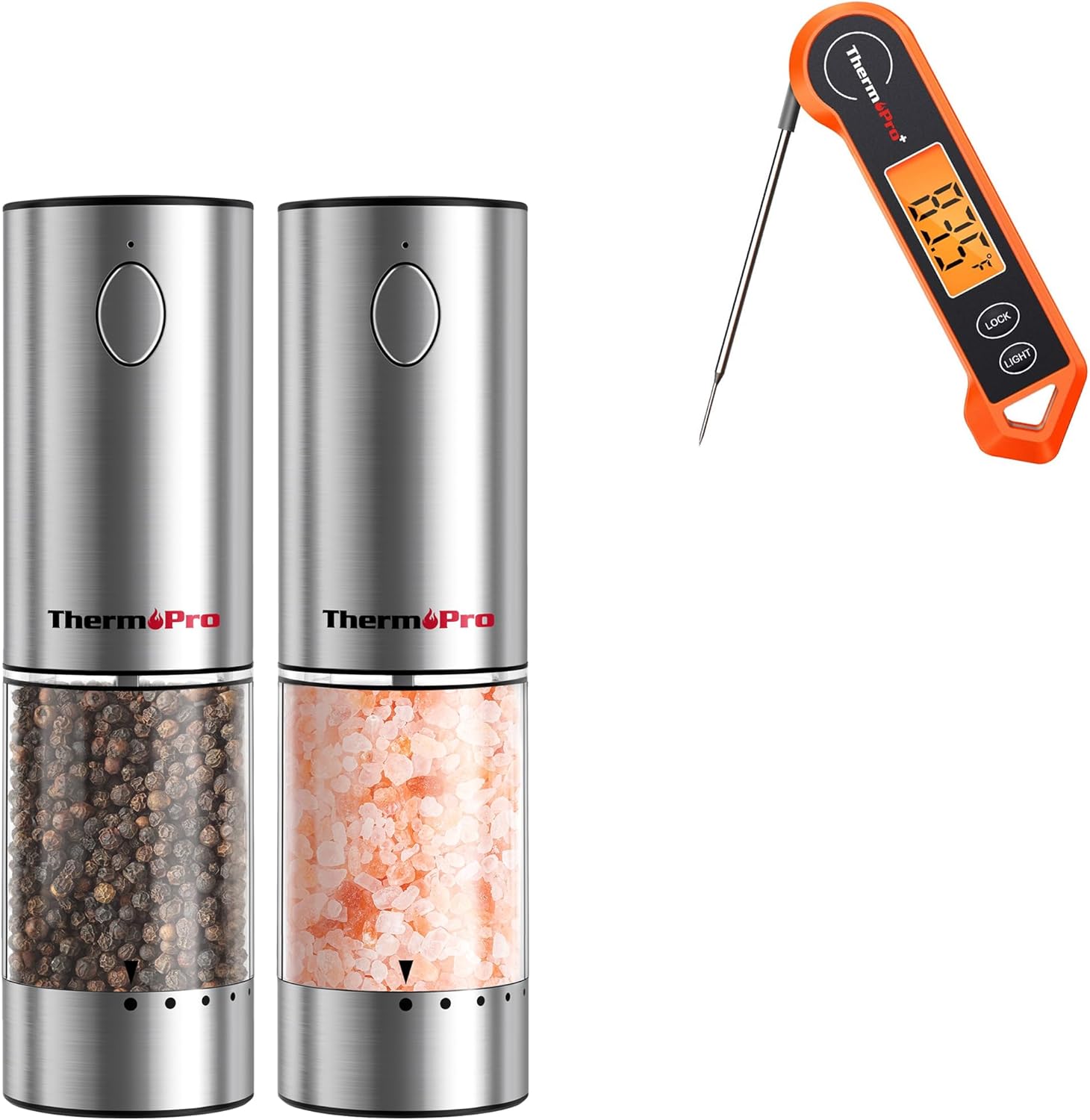 ThermoPro TP19H Digital Meat Thermometer for Cooking with Ambidextrous Backli, plus ThermoPro Upgraded Larger Capacity Electric Salt and Pepper Grinder Set, Rechargeable Salt and Pepper Shakers with E