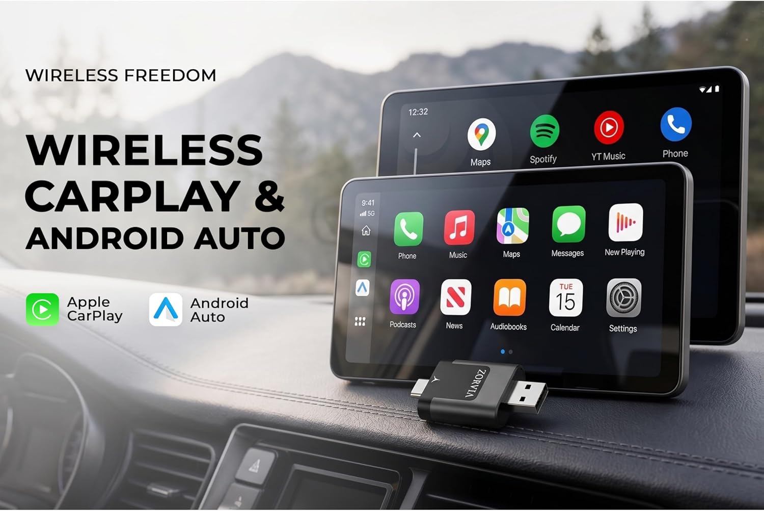 ZORVIA Wireless CarPlay Adapter for iPhone & Android Auto 2026 Upgraded - Convert Wired CarPlay to Wireless, Fast Auto Reconnect, Plug and Play, USB-C & USB-A (Black)