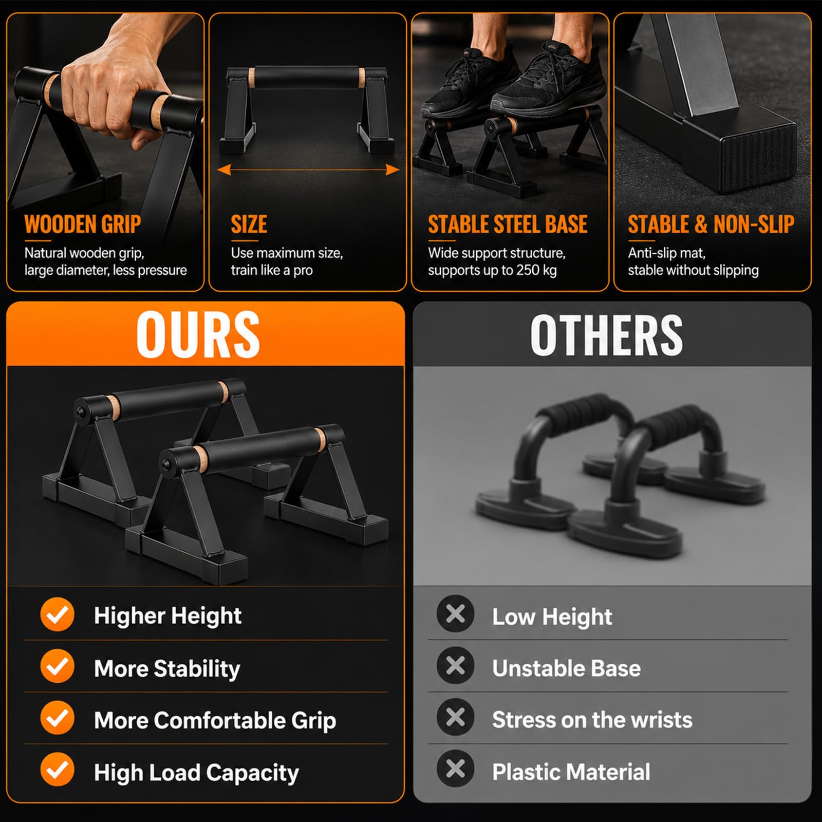 Set da 2 Parallettes Calisthenics in Legno, Maniglie Flessioni Antiscivolo
