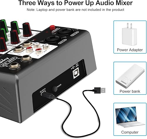 Miniatura 7 de Aveek Mezclador de audio profesional, consola de mezcla de tablero de sonido con 4 canales USB digital Bluetooth Echo Delay Effect, entrada 48V