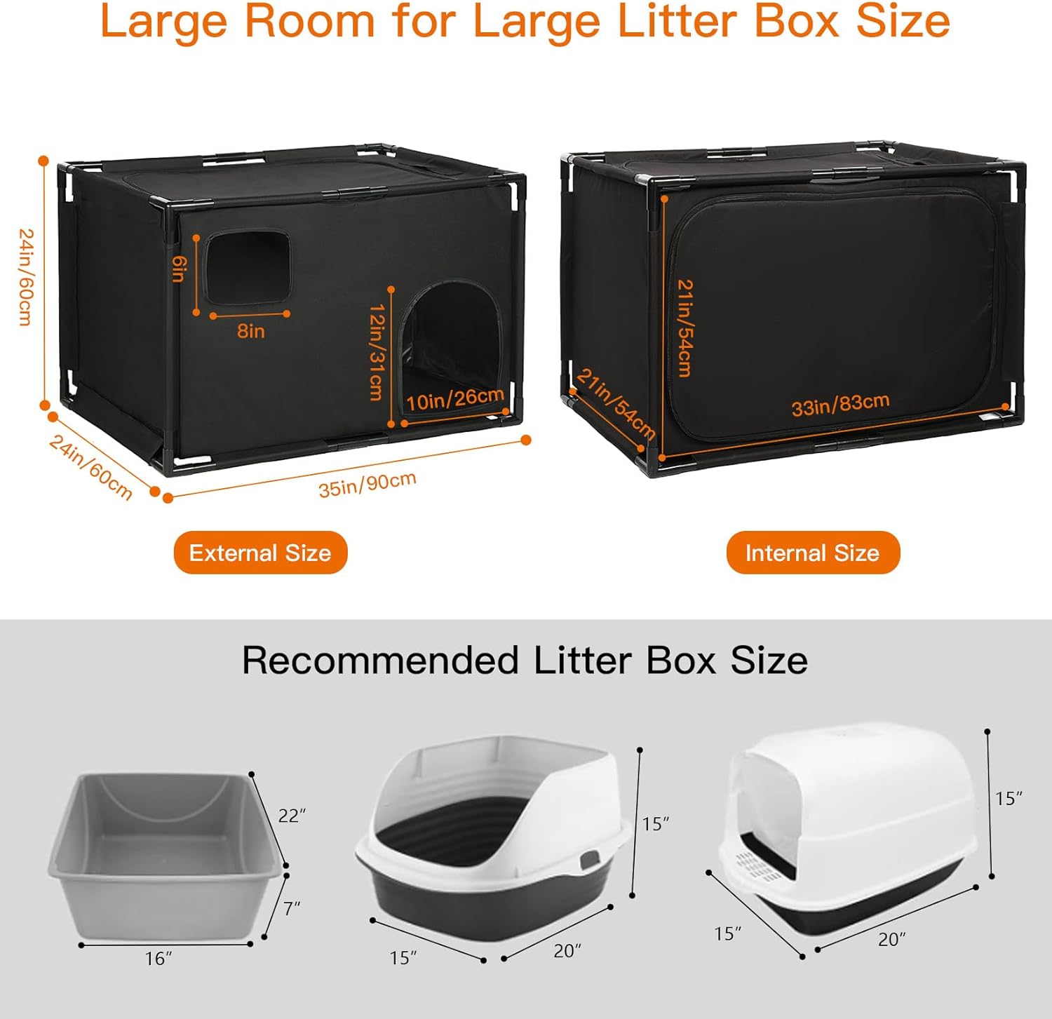 Large Cat Litter Box Enclosure 33”Lx21”Wx21”H, Hidden Litter Box Cover with Large Space, Cat Playpen House for Multiple Cats, Waterproof Inside, Easy Clean, Oxford Fabric, Black