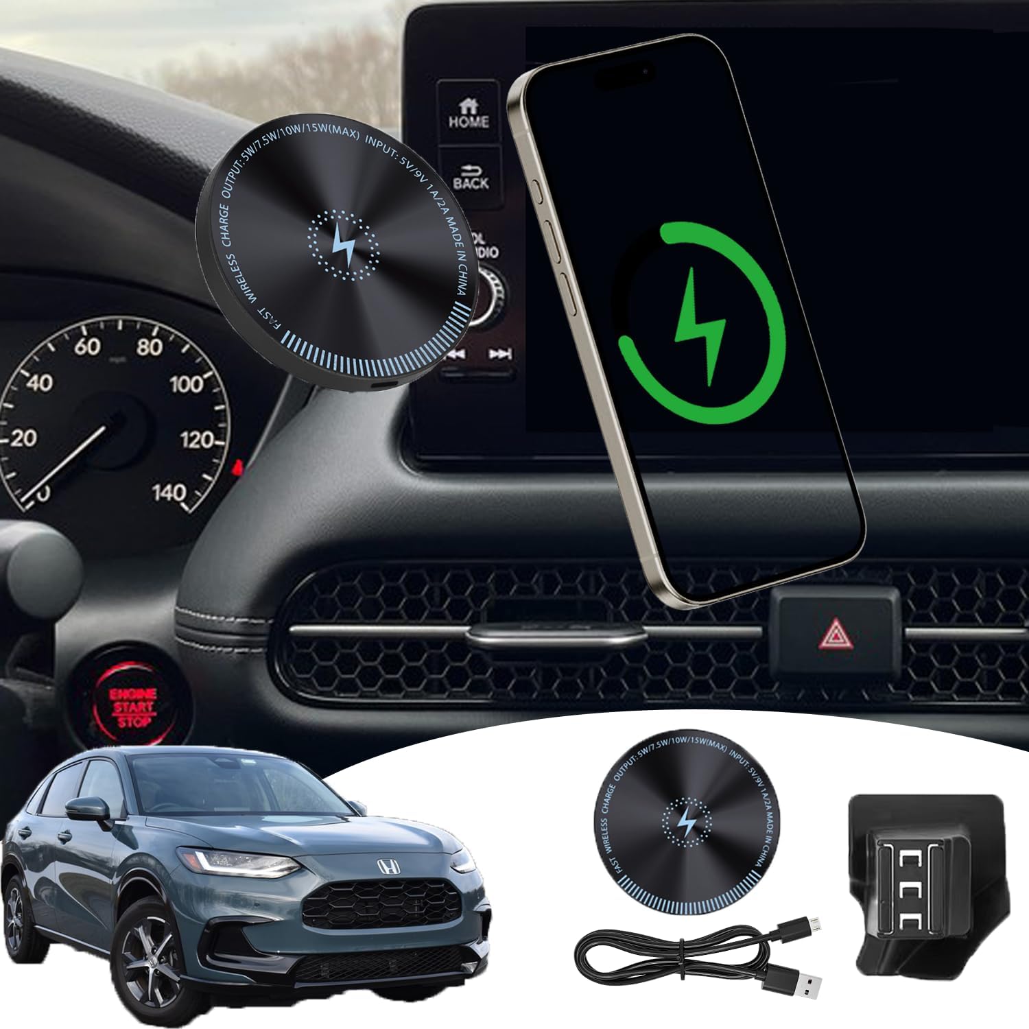 for HRV Phone Mount 15W Fast Wireless Charger for 2024 HRV Phone Holder 2024 HRV Accessories Custom Fit HRV 2023-present Compatible for All Cell Phones