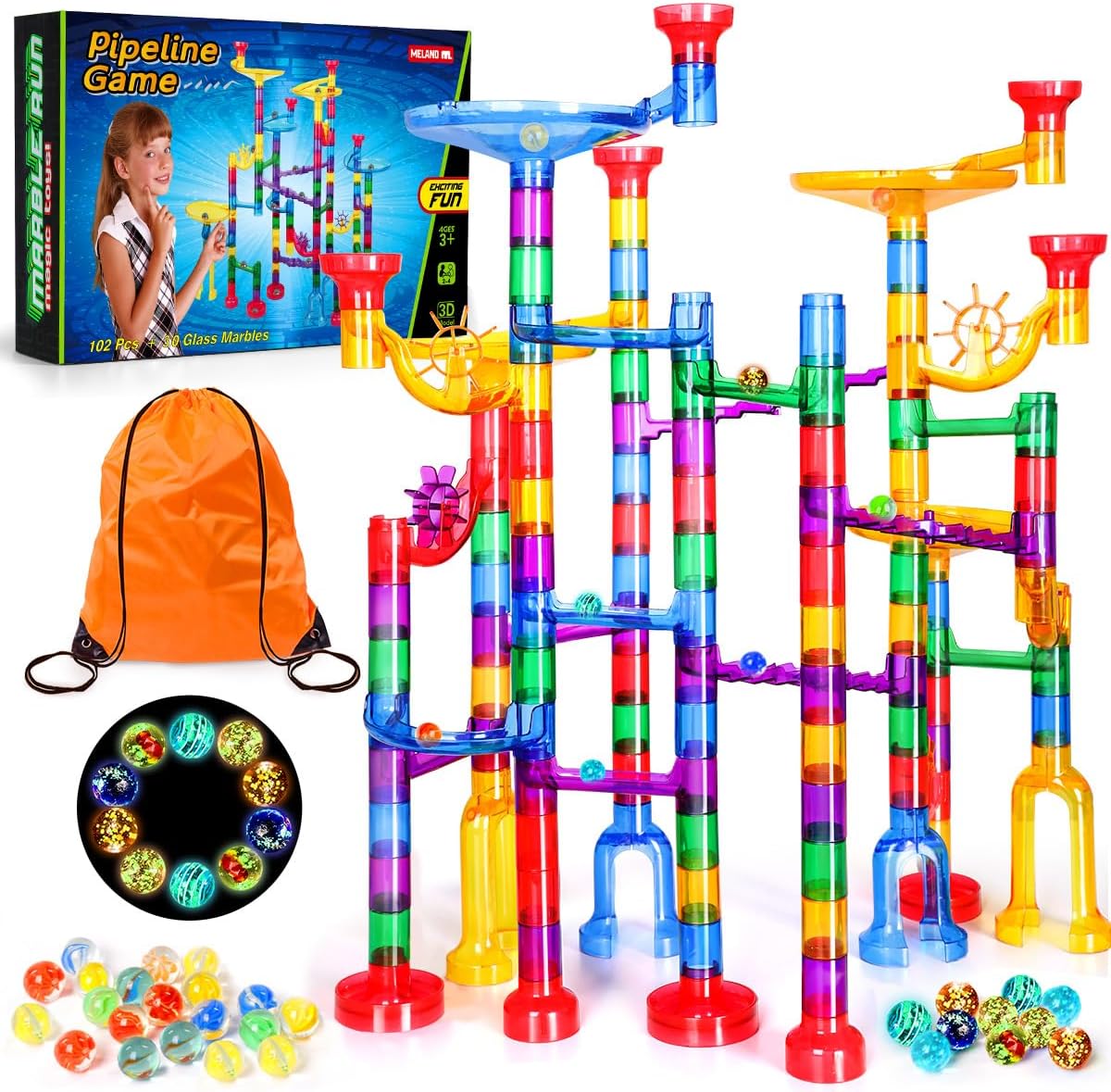 Meland 132pcs Marble Run Race Track with Glowing Marbles - STEM Maze Building Toy for Kids Ages 3-12 Boys Girls
