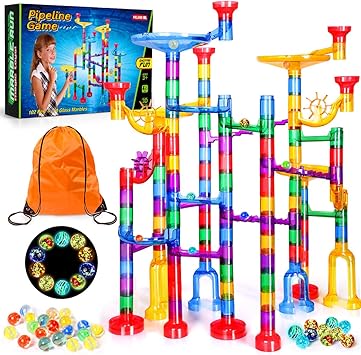 Meland Marble Run - 132Pcs Marble Maze Game Building Toy for Kid, Marble Track Race Set & STEM Learning Toys for Boy Girl Age 3 4 5 6 7 8 9+ (102 Translucent Marbulous Pcs & 30 Glass Marbles)