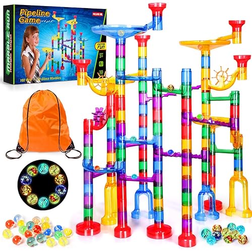 Meland Marble Run - 132Pcs Marble Maze Game Building Toy for Kid, Marble Track Race Set & STEM Learning Toys for Boy Girl Age 3 4 5 6 7 8 9+ (102 Translucent Marbulous Pcs & 30 Glass Marbles)