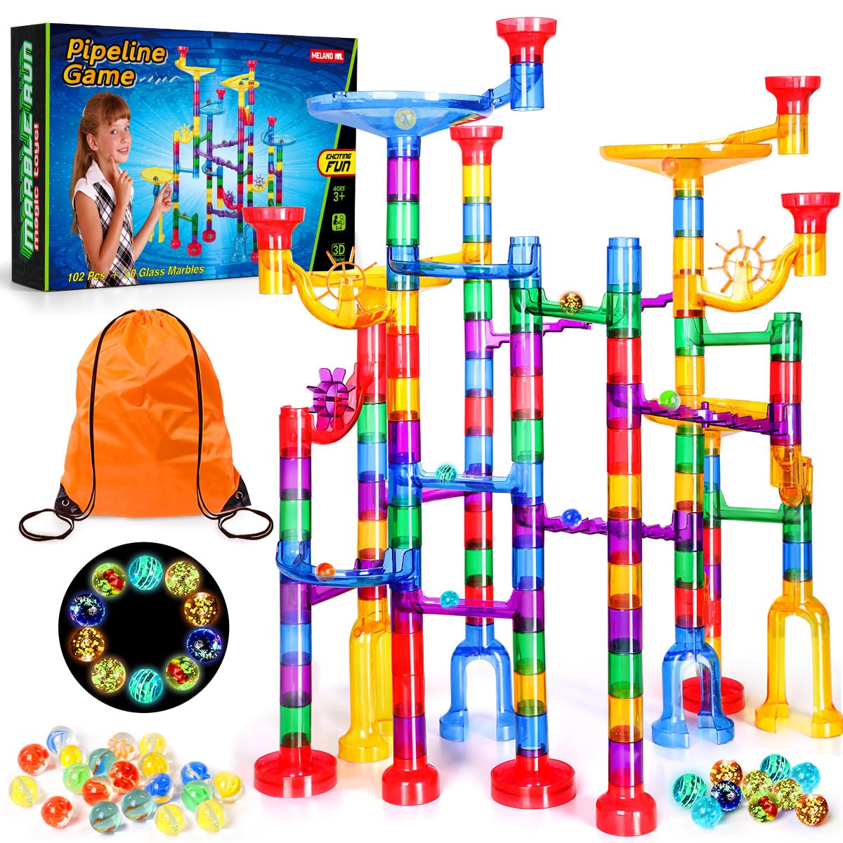 Meland Marble Run - 132Pcs Marble Maze Game Building Toy for Kid, Marble Track Race Set & STEM Learning Toys for Boy Girl Age 3 4 5 6 7 8 9+ (102 Translucent Marbulous Pcs & 30 Glass Marbles)
