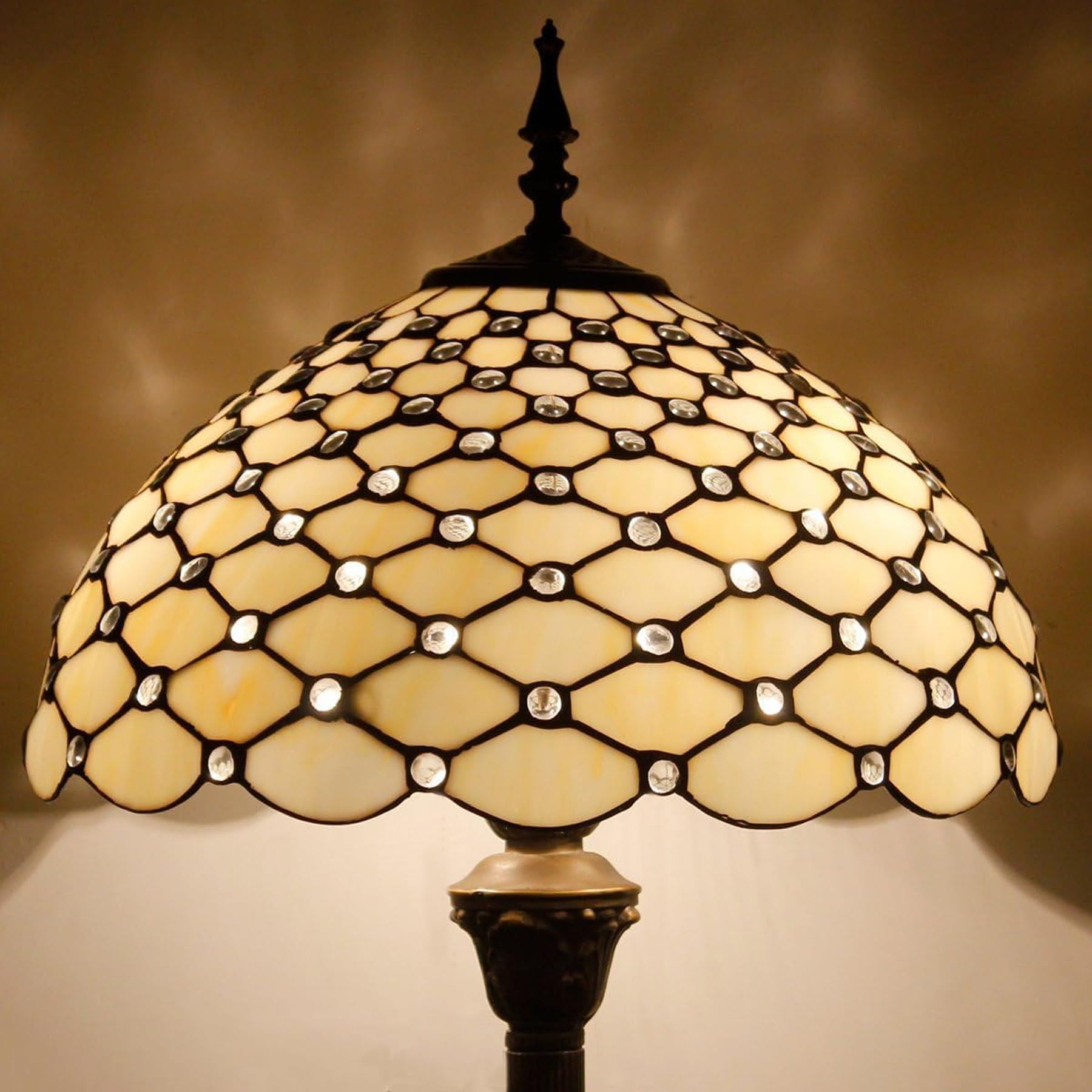 WERFACTORY Tiffany Style Floor Lamp Amber Stained Glass with Crystal Bead Standing Type Reading Light 16X16X64 Inches Antique Pole Corner Lamp Decor Bedroom Living Room Home Office S005 Series