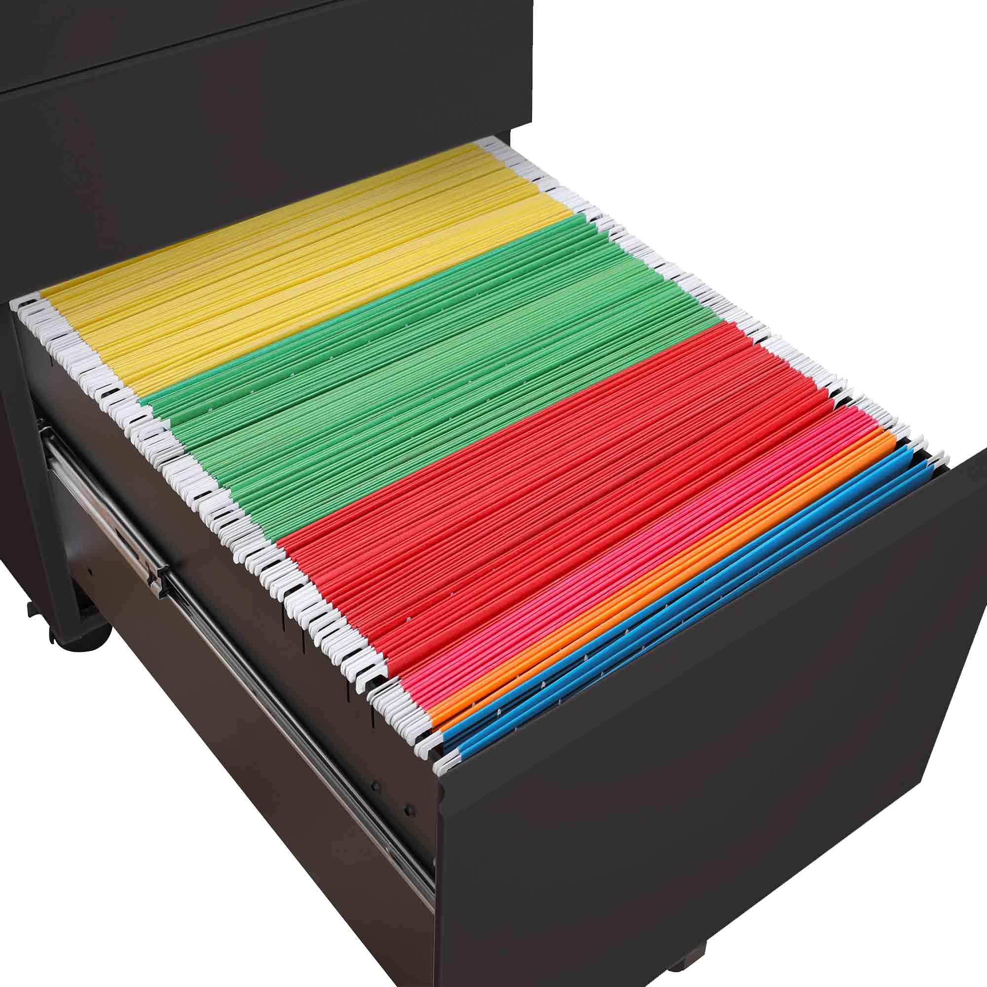 Rollcontainer abschließbar mit Schubladen 39x50x60 cm - mit 5 Rollen und Hängeregistratur - Aktenschrank Bürocontainer Standcontainer Büroschrank Rollschrank Schubladenkommode Schwarz