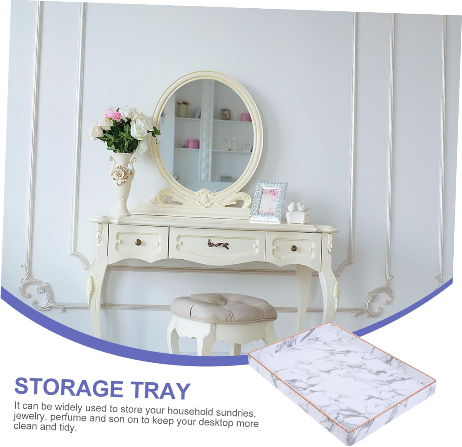 Marble Grain Storage Tray for Jewelry and Sundries Organizing Square Leather Holder for Bathroom Dresser and Cosmetic Use Space-Saving Decorative Storage