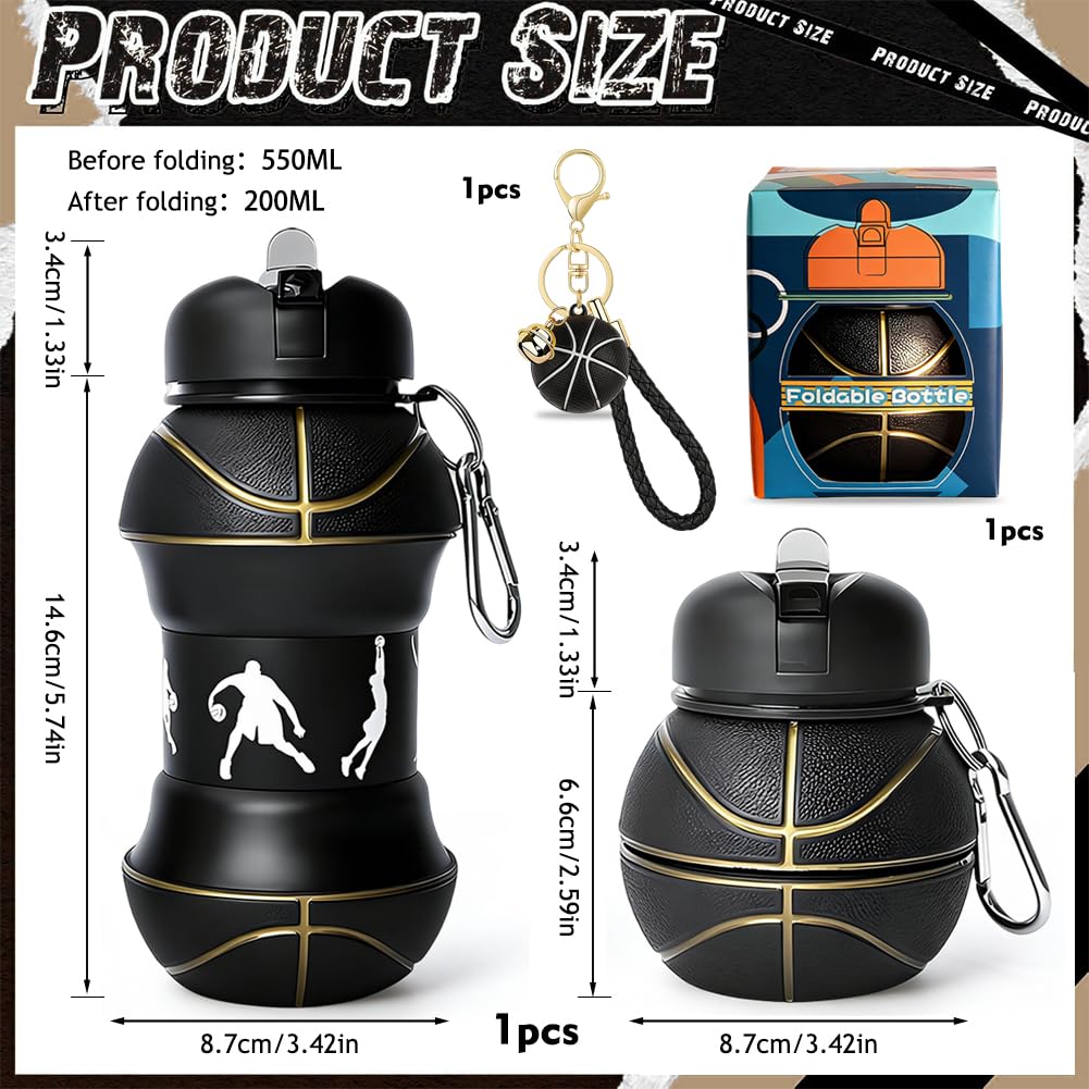 Bouteille d'eau de basket-ball avec porte-clés 550 ml - Bouteille de sport pliable - Noir