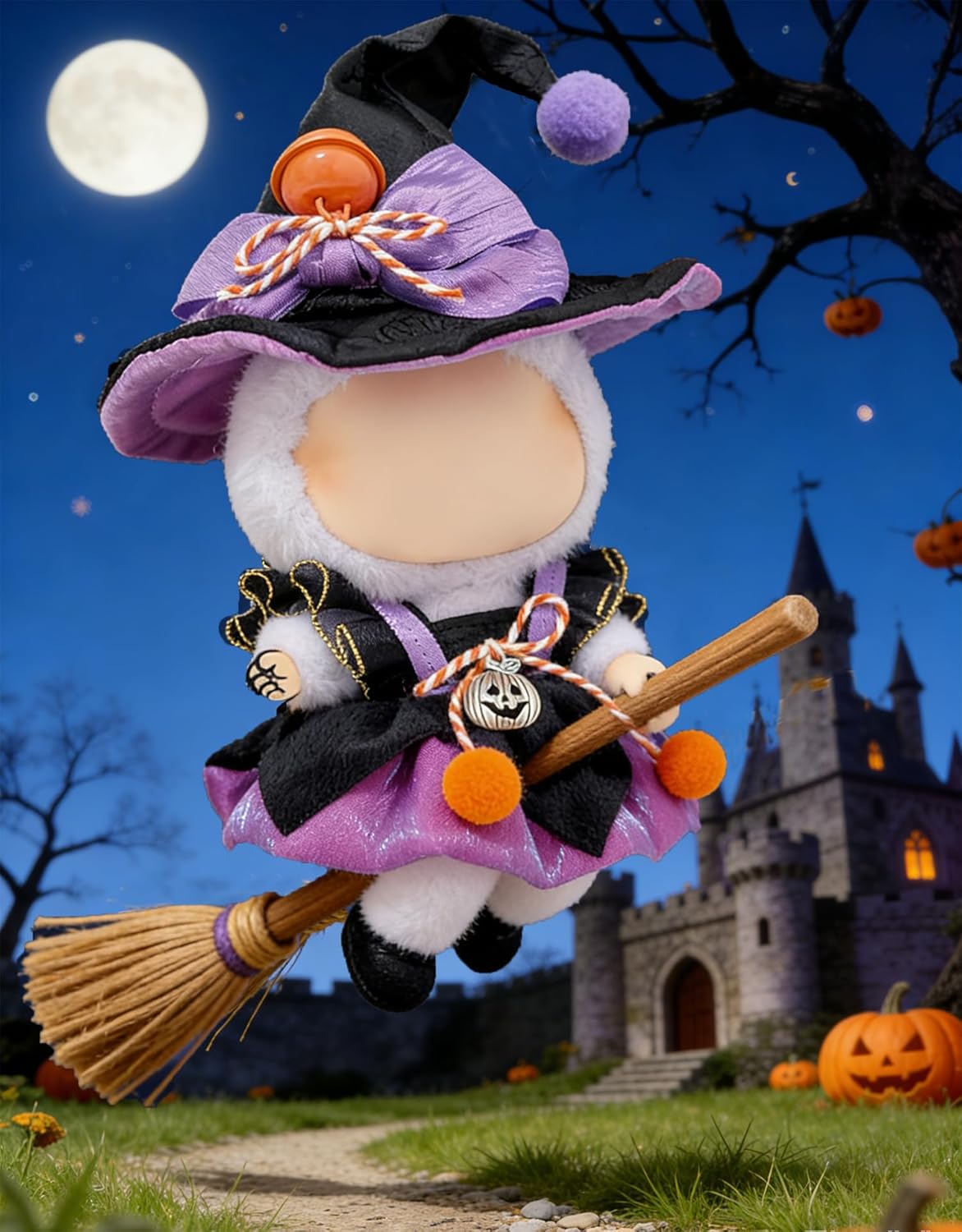 Halloween Doll Clothes Set for 17cm Lububu Dolls, Pumpkin Witch Outfit with Purple Dress & Hat, Gothic Clothing Accessories for Have a Seat 15cm Series, Display Costume(Magician Dress)