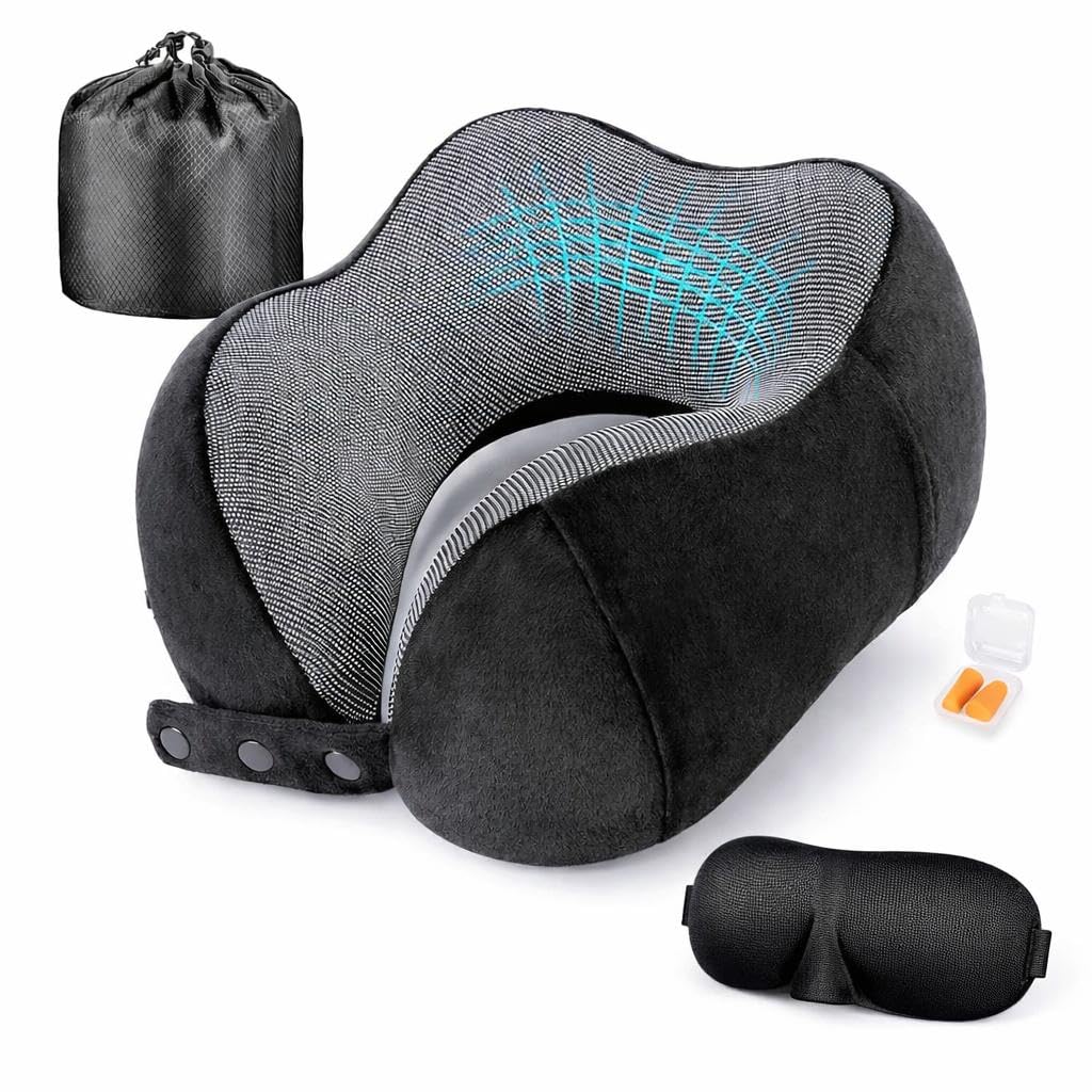 Generico Cuscino Cervicale da Viaggio Ergonomico 360° in Memory Foam, Supporto Regolabile 3 Misure, Traspirante e Lavabile, Set Completo con Mascherina, Tappi Orecchie e Custodia
