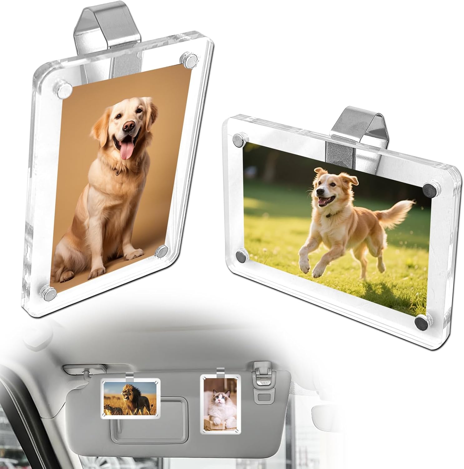 2Pcs Car Sun Visor Photo Holder, Magnetic 2.36"x3.54" Car Visor Photo Clip, Personalized Picture Frame for Cars, Horizontal & Vertical Photo Display Clip for Adding Family or Personal Photos
