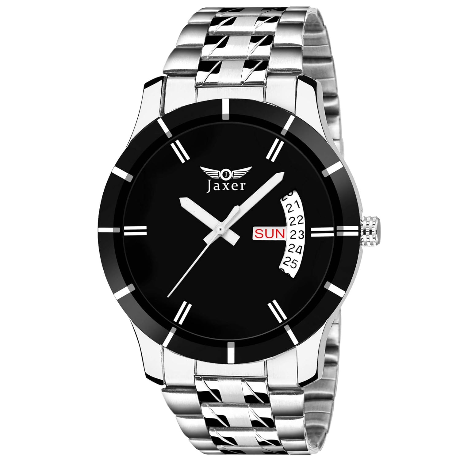 Jaxer Black Day and Date Feature Dial Steel Chain Analog Watch for Men & Boys – JXRM2123
