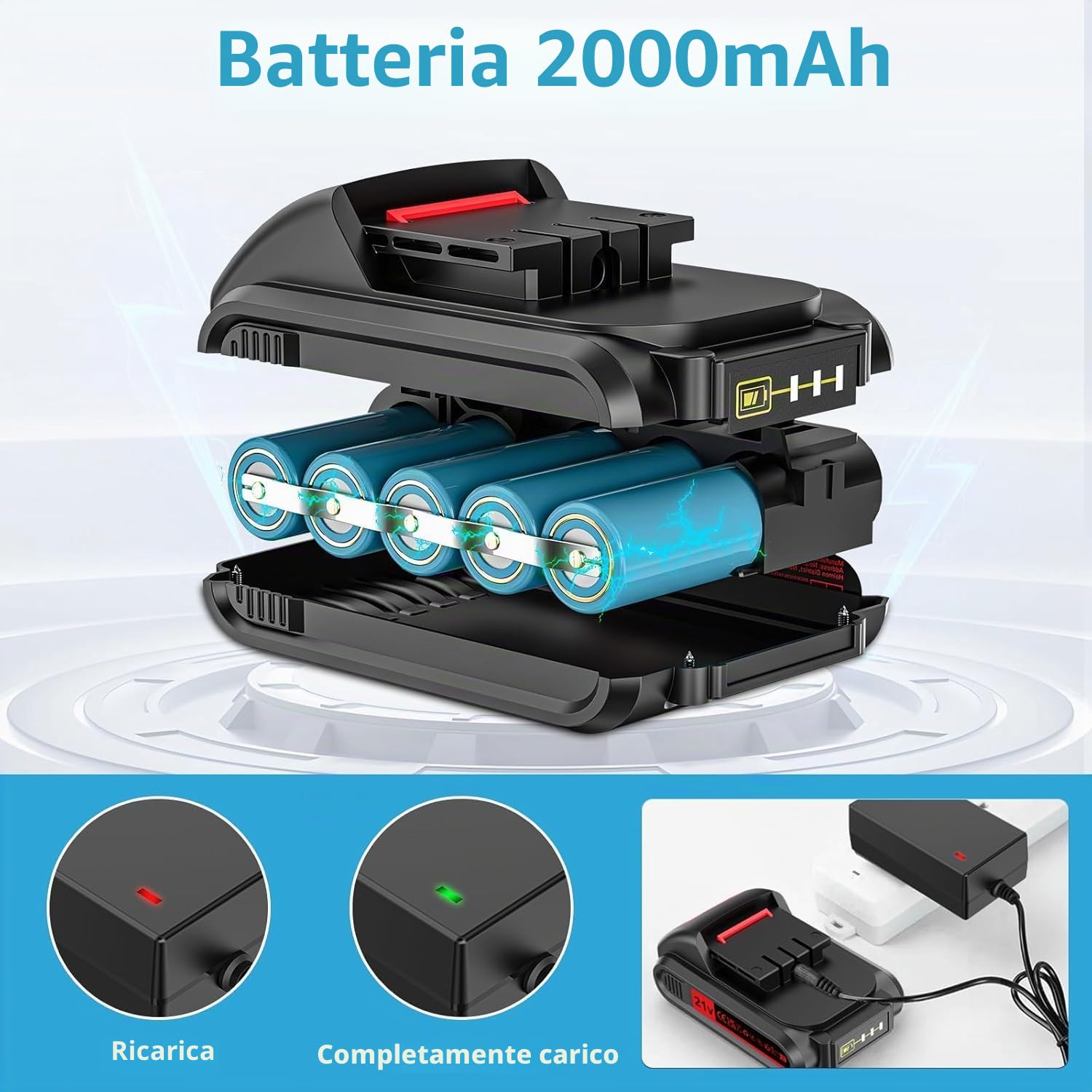 Trapano Avvitatore 21V con Valigetta – Kit Completo: 2 Batterie 2000mAh, 2 Velocità, 25+3 Regolazioni di Coppia, Mandrino 10mm e 24 Accessori – Ideale per Casa, Fai-da-Te e Montaggio Mobili