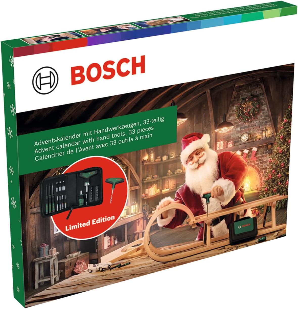 Bosch Hand Tools Advent Calendar 2024, 33 Pieces (Tool Set with Bit Ratchet Screwdriver T-Handle, Precision Screwdriver, Bit Screwdriver Stubby, Accessories, Corkscrew, Bag)
